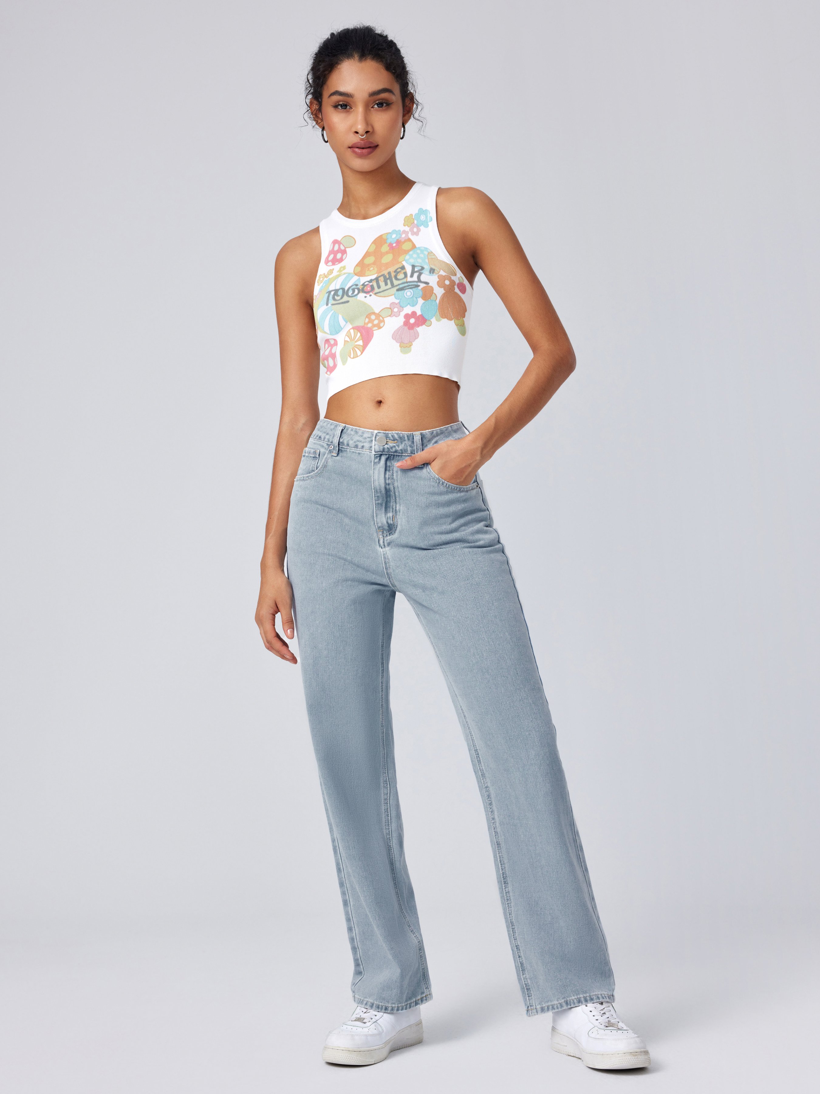 Solid High Rise Pocket Straight Leg Jeans