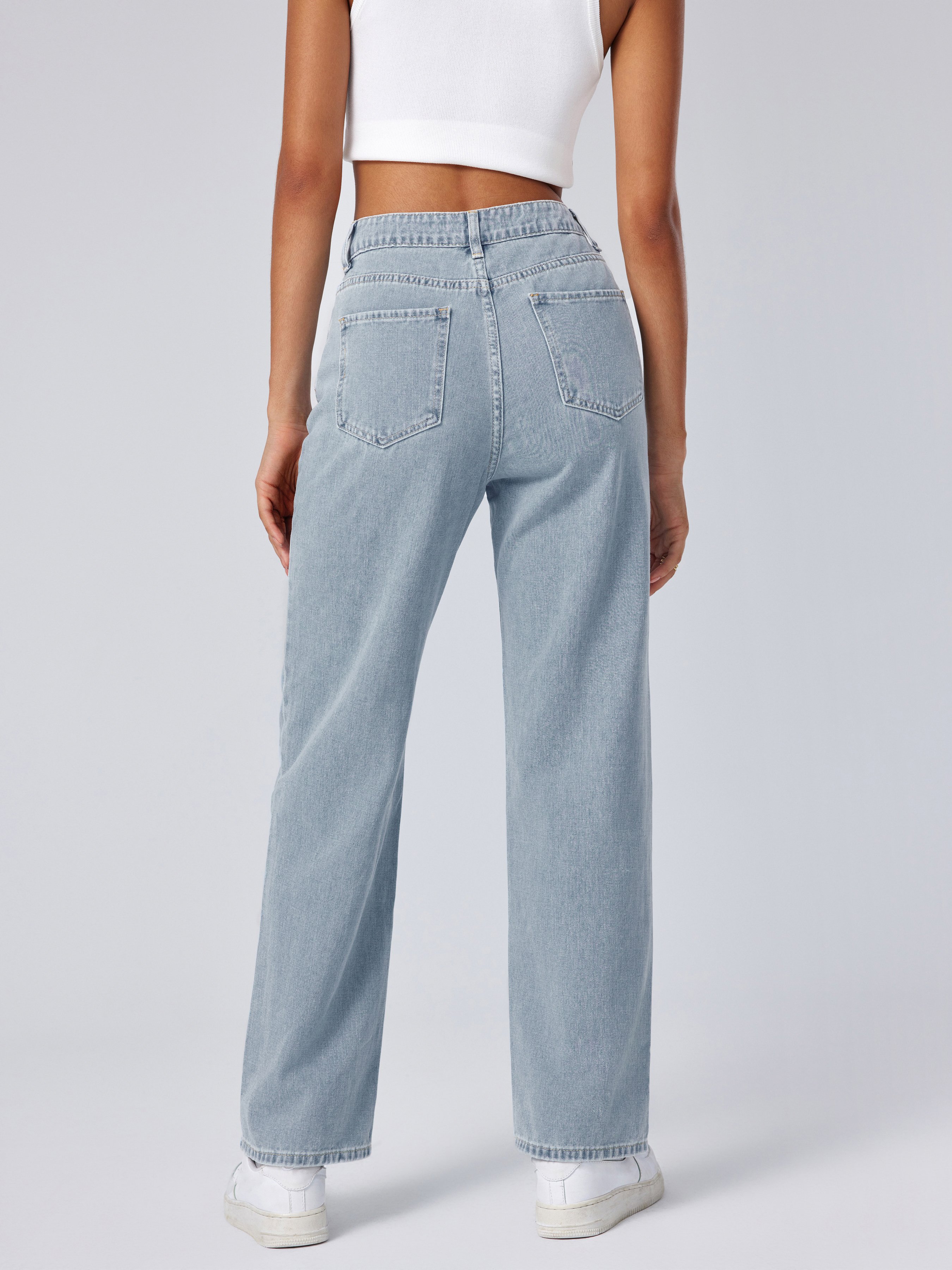 Solid High Rise Pocket Straight Leg Jeans