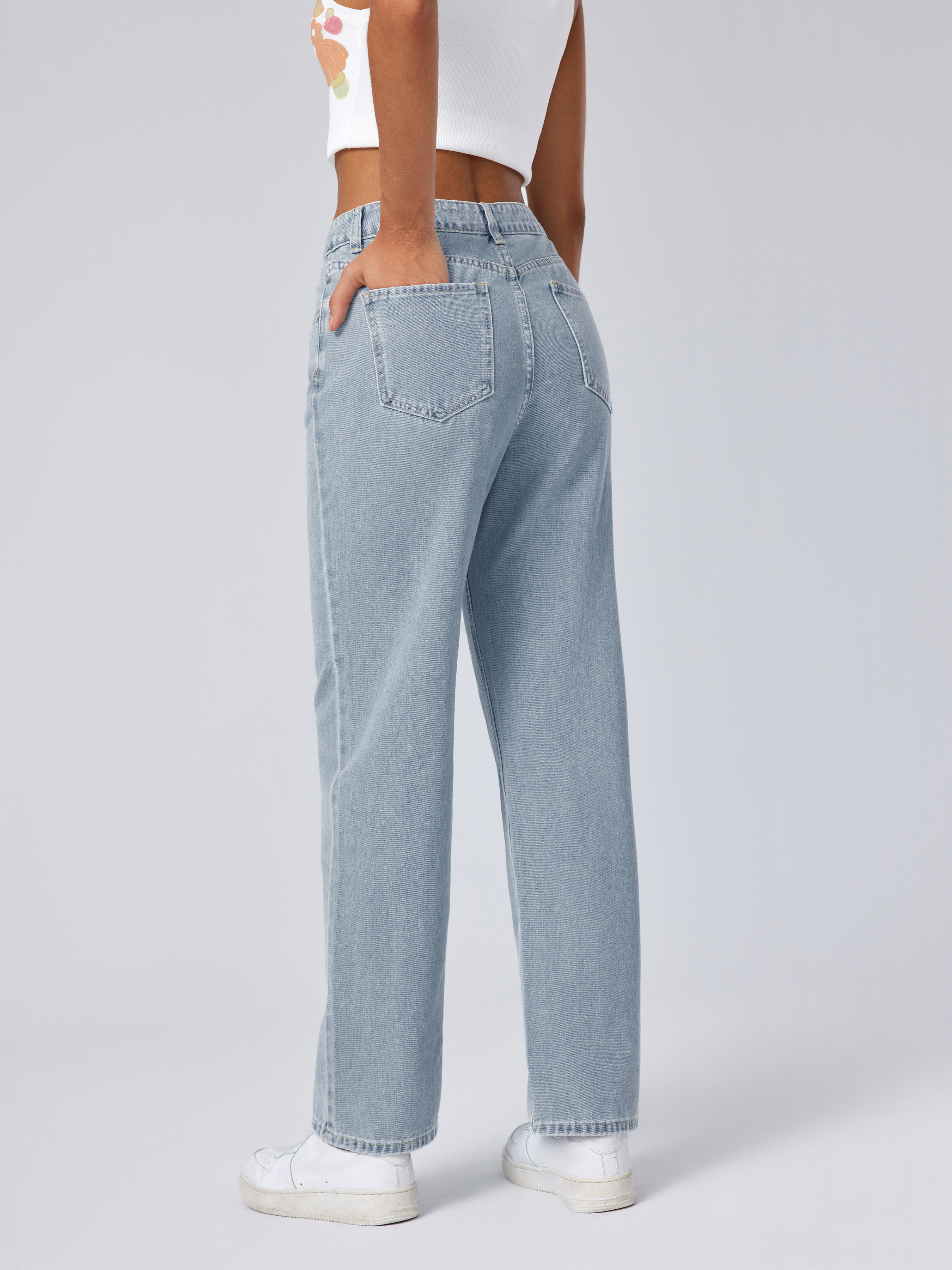 Solid High Rise Pocket Straight Leg Jeans