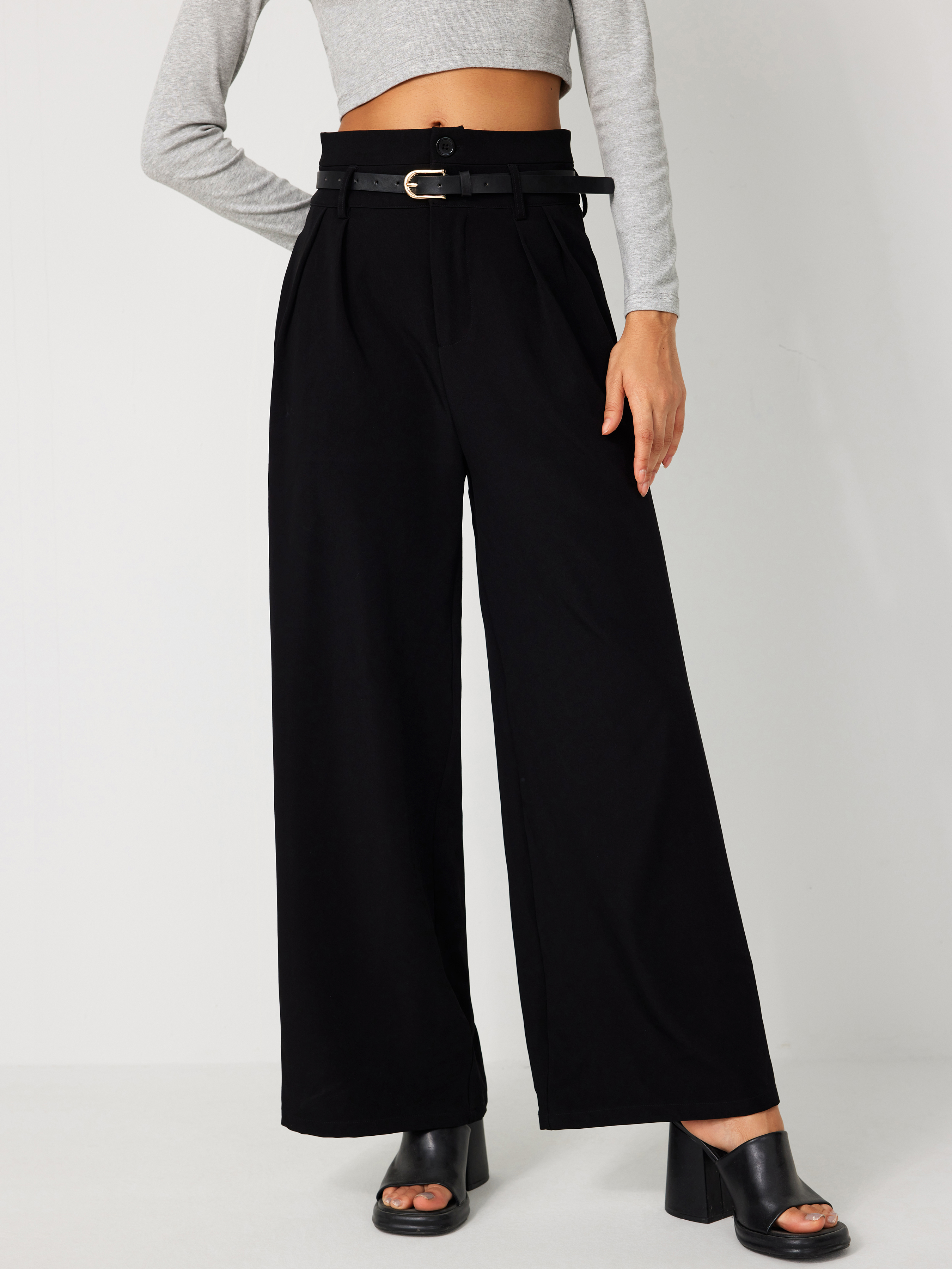 Belted High Waisted Pleated Trousers - Black