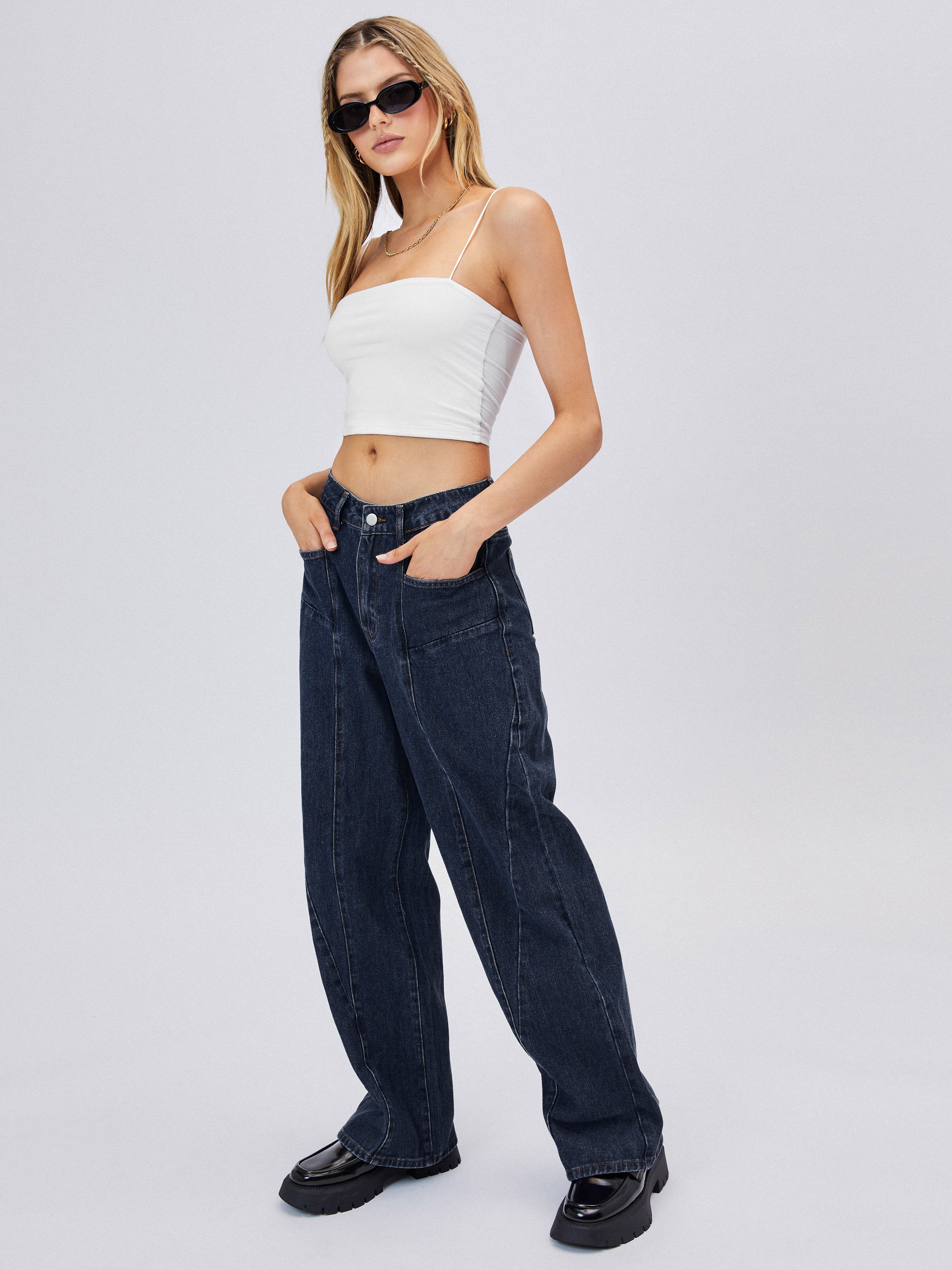 Mid Waist Pocket Straight Leg Jeans