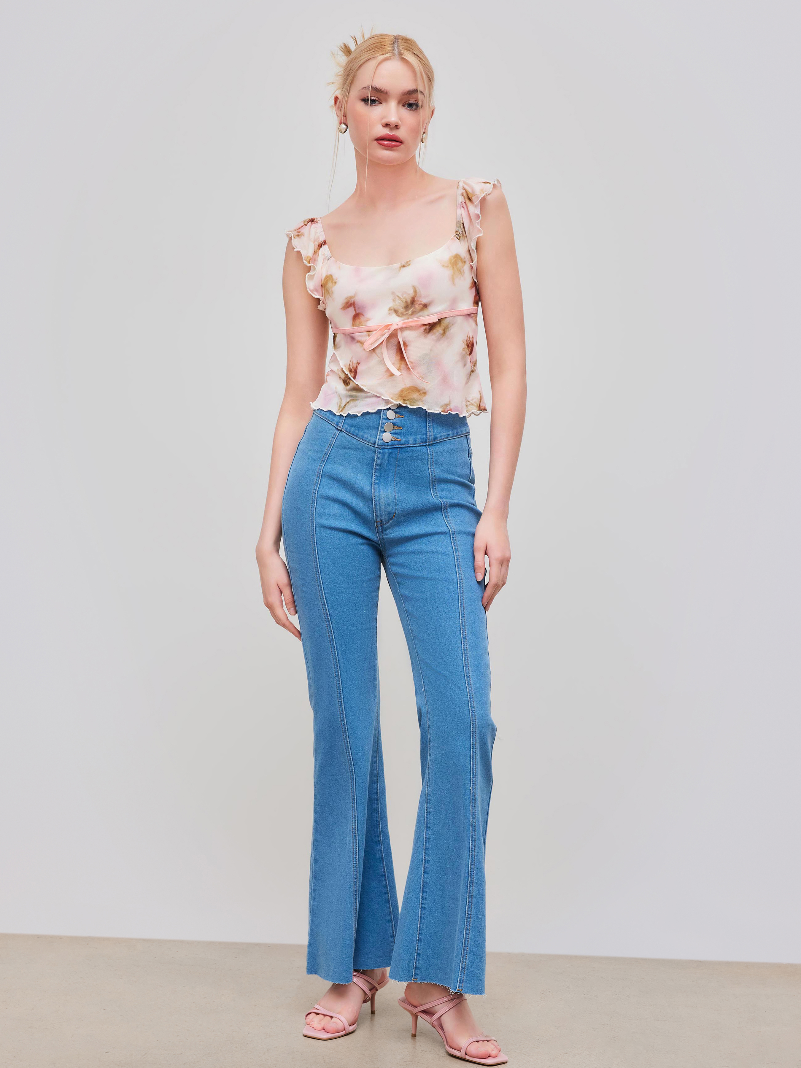 Stretch Denim High Waist Flared Jeans