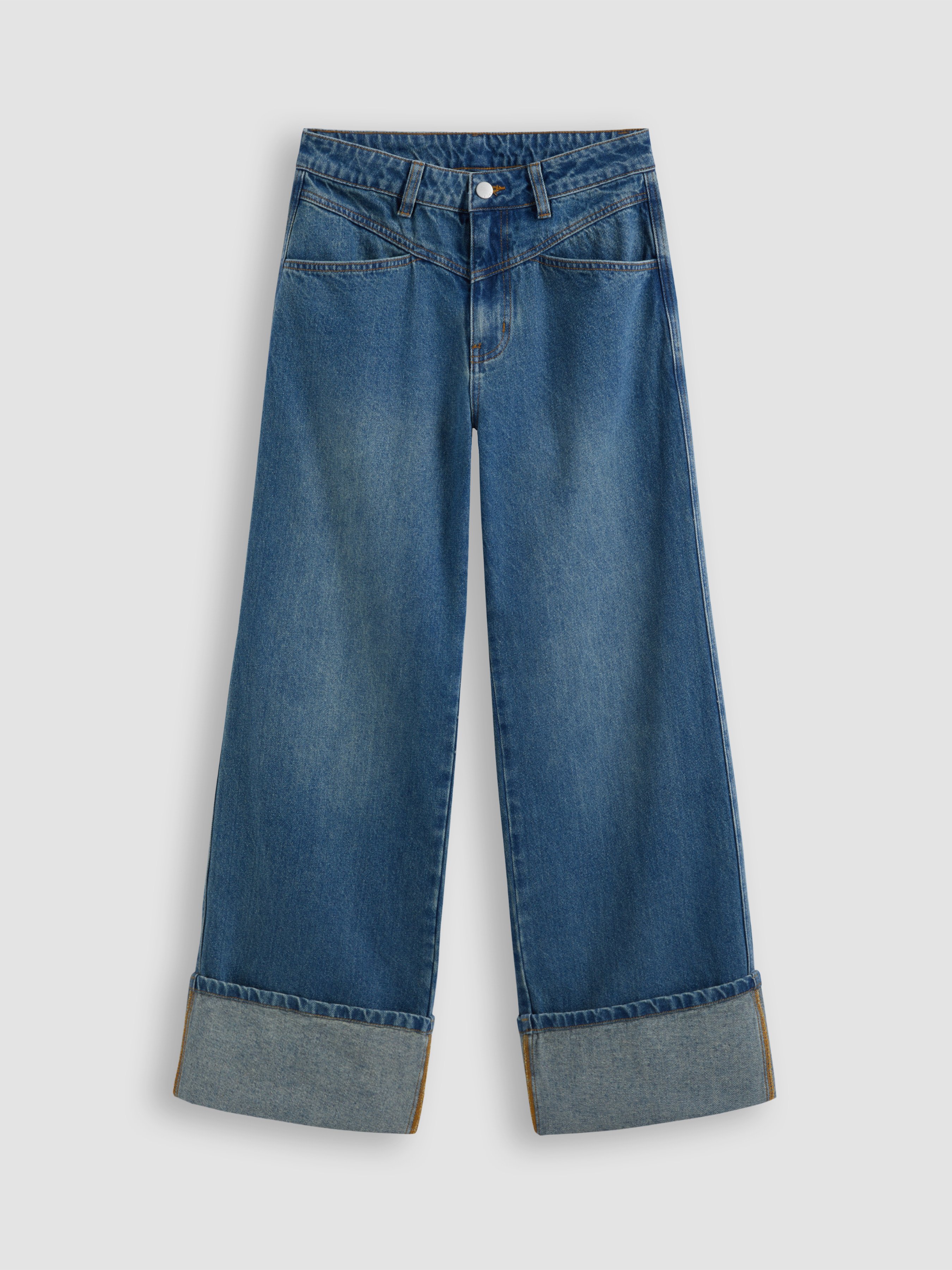 Cider Denim Mid Rise Solid Roll Hem Straight Leg Jeans