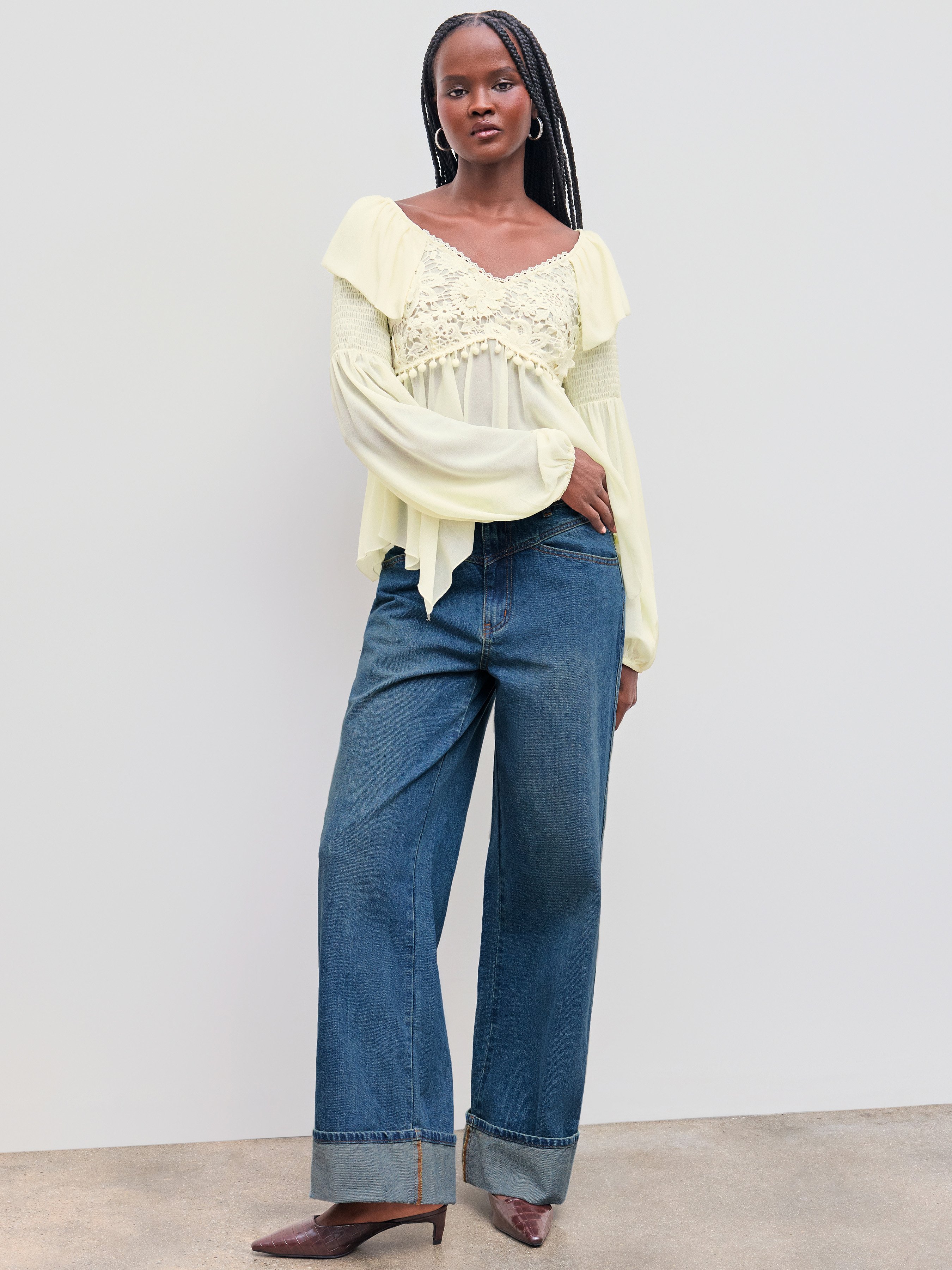 Cider Denim Mid Rise Solid Roll Hem Straight Leg Jeans