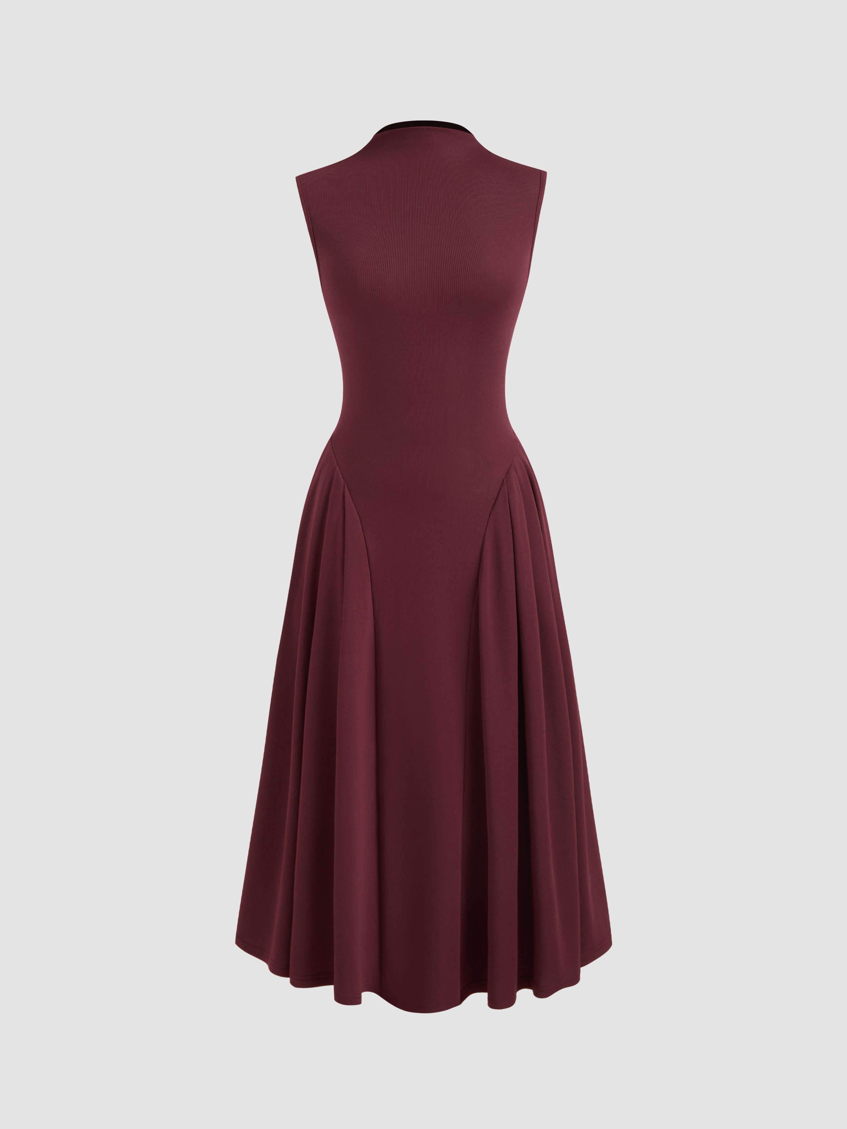 High Neck Solid Pocket Ruffle Midi Dress - Burgundy