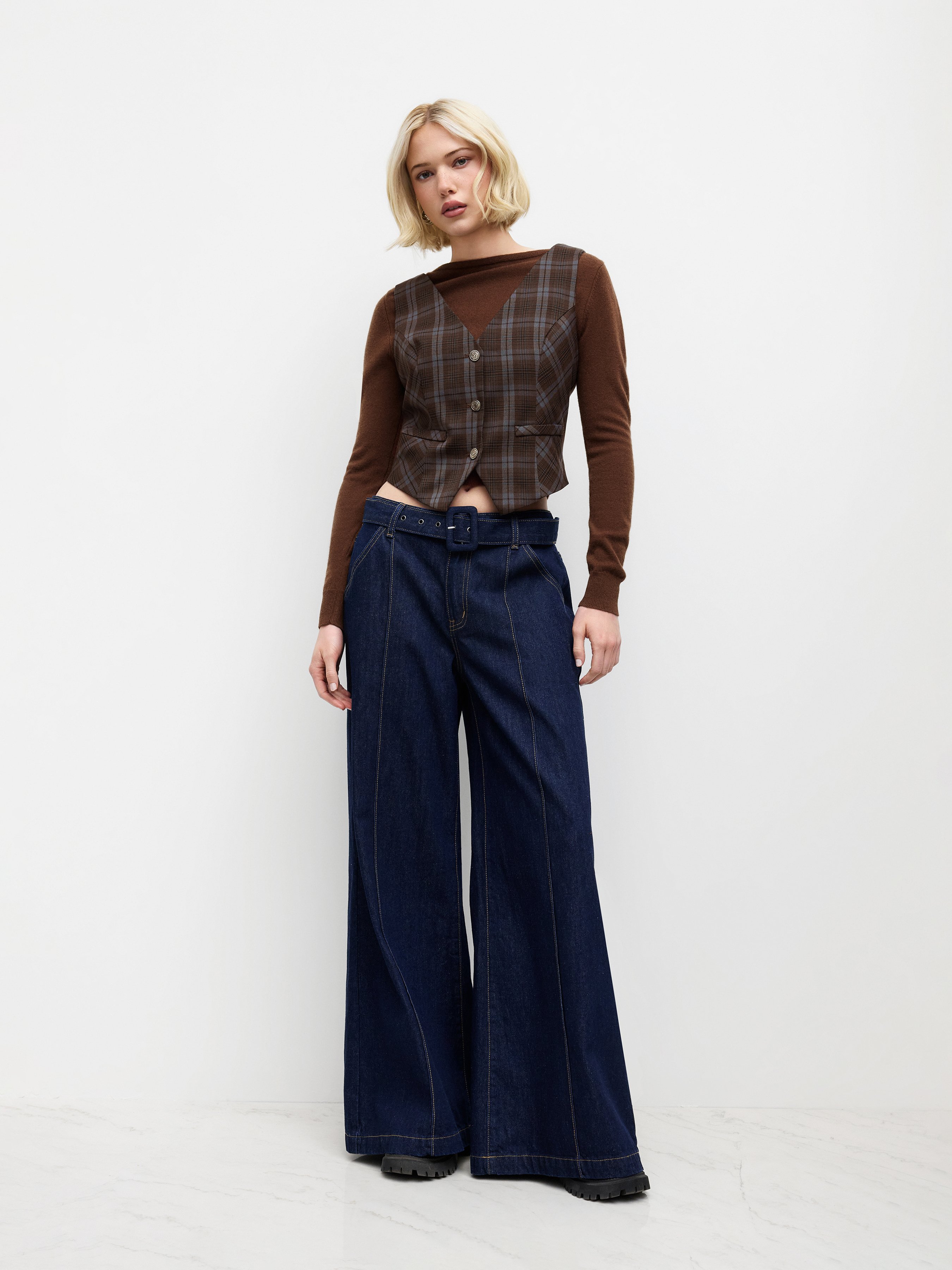 High Stretch Cider Denim Low Rise Baggy Jeans With Belt