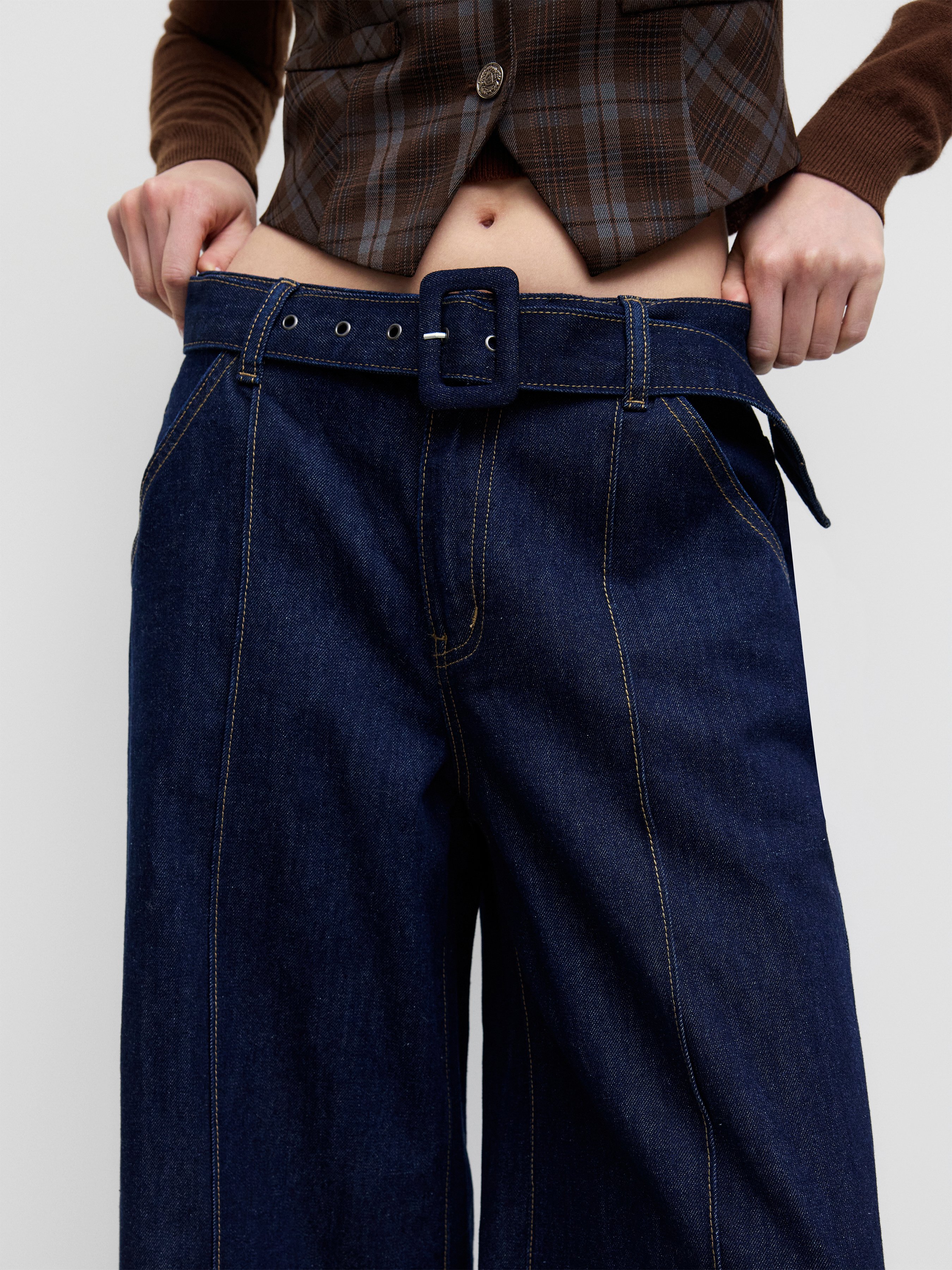 High Stretch Cider Denim Low Rise Baggy Jeans With Belt