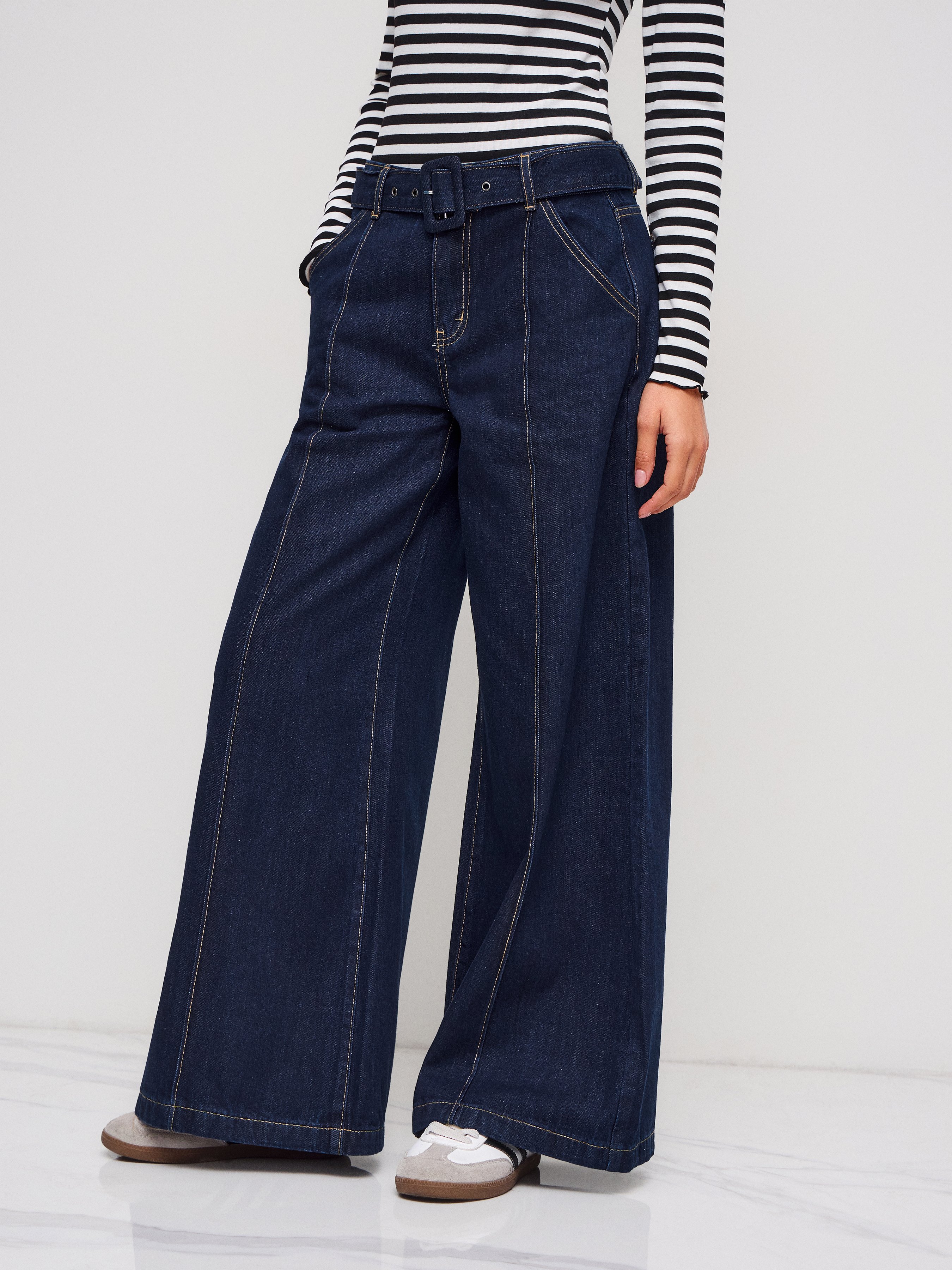 High Stretch Cider Denim Low Rise Baggy Jeans With Belt