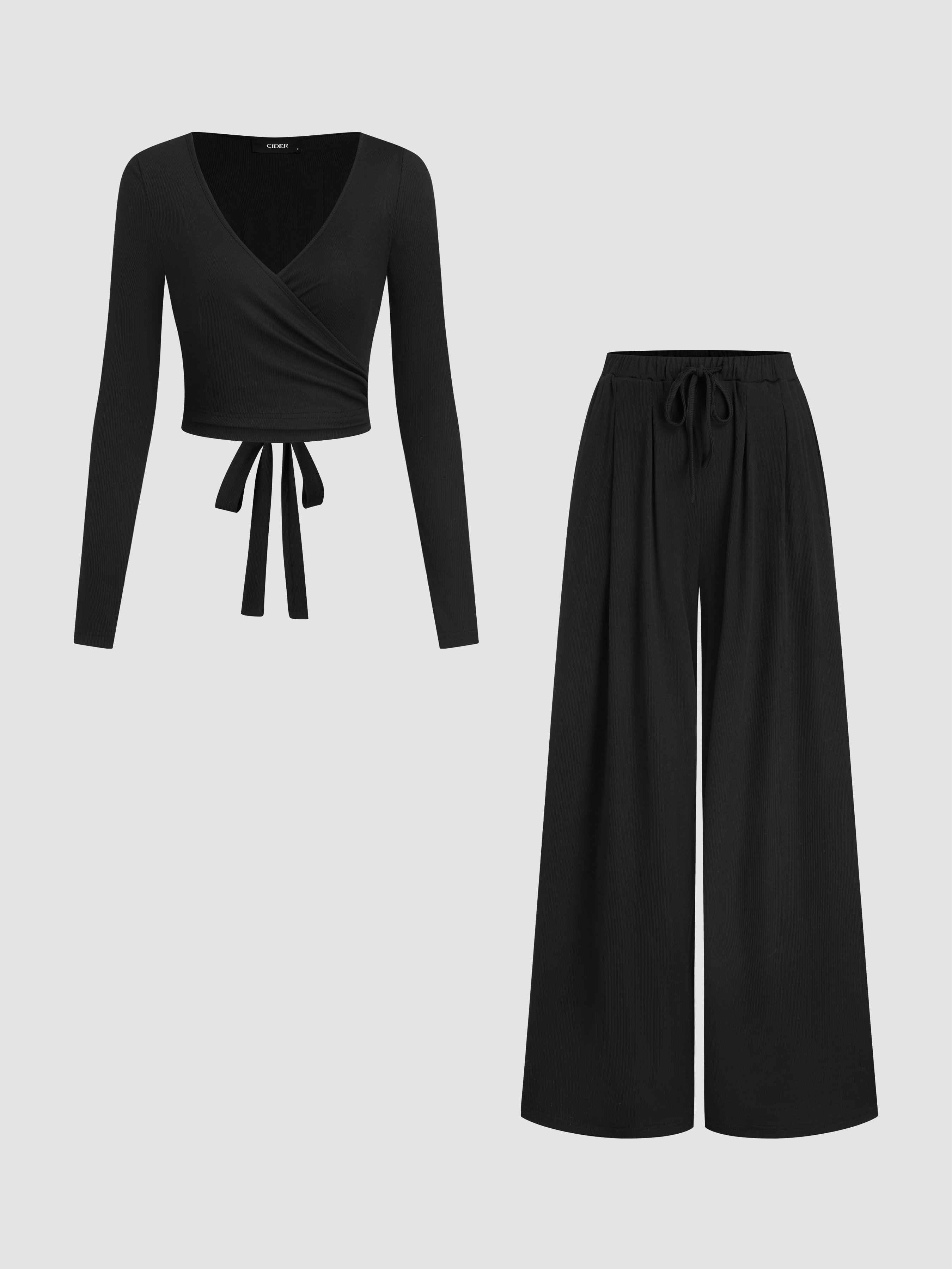 V-neck Wrap Knotted Long Sleeve Top & Mid Rise Straight Leg Trousers Set - Black