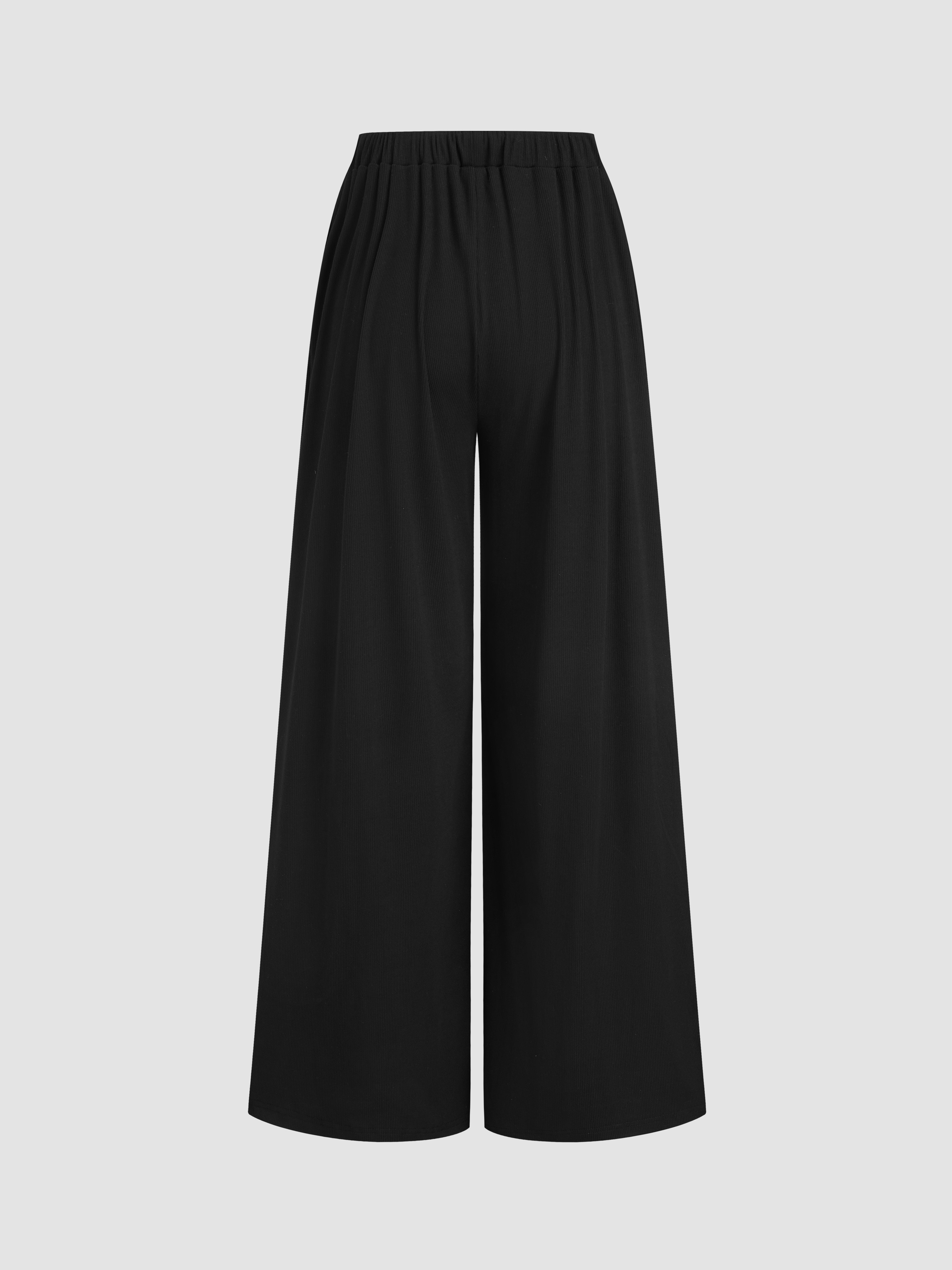V-neck Wrap Knotted Long Sleeve Top & Mid Rise Straight Leg Trousers Set - Black