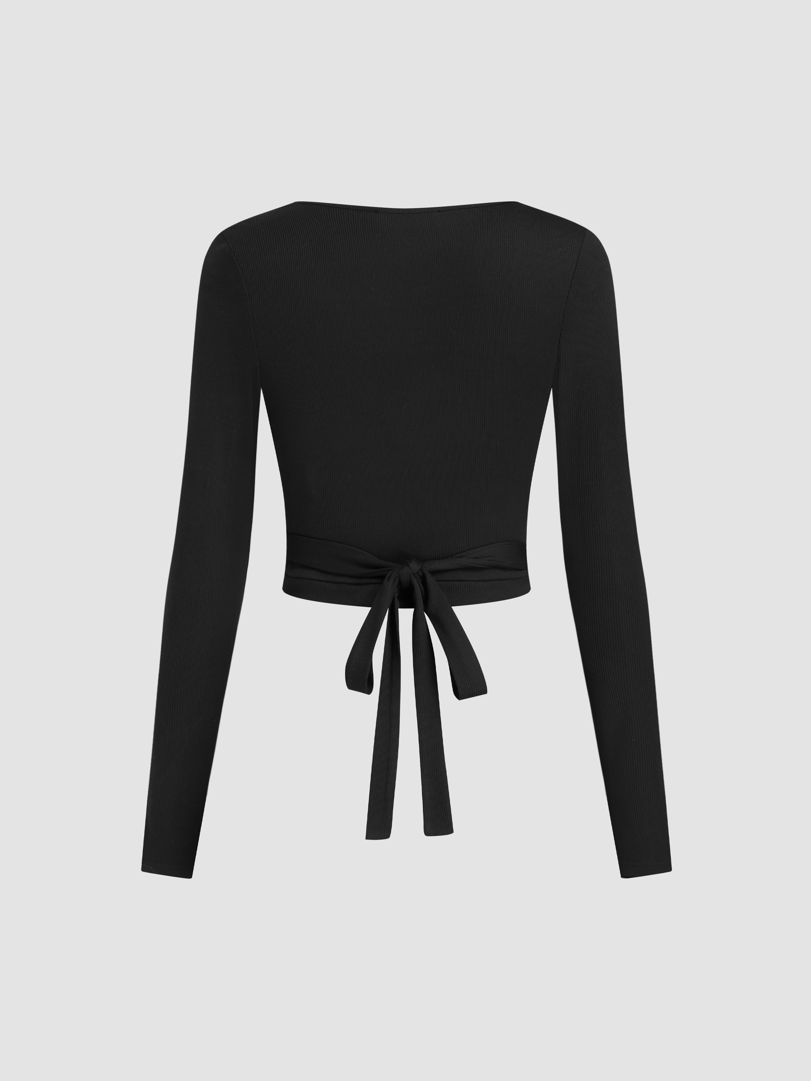 V-neck Wrap Knotted Long Sleeve Top & Mid Rise Straight Leg Trousers Set - Black