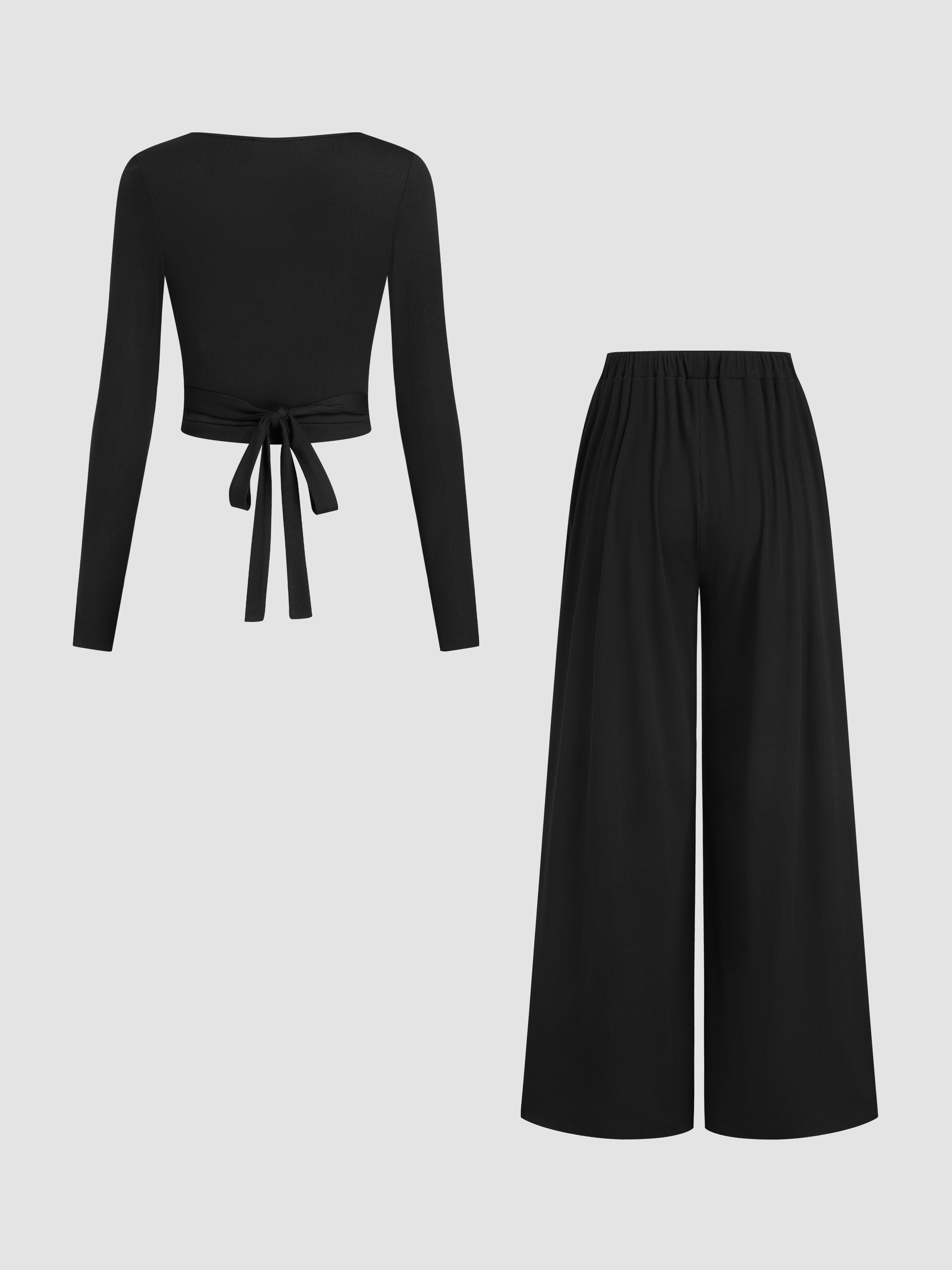 V-neck Wrap Knotted Long Sleeve Top & Mid Rise Straight Leg Trousers Set - Black