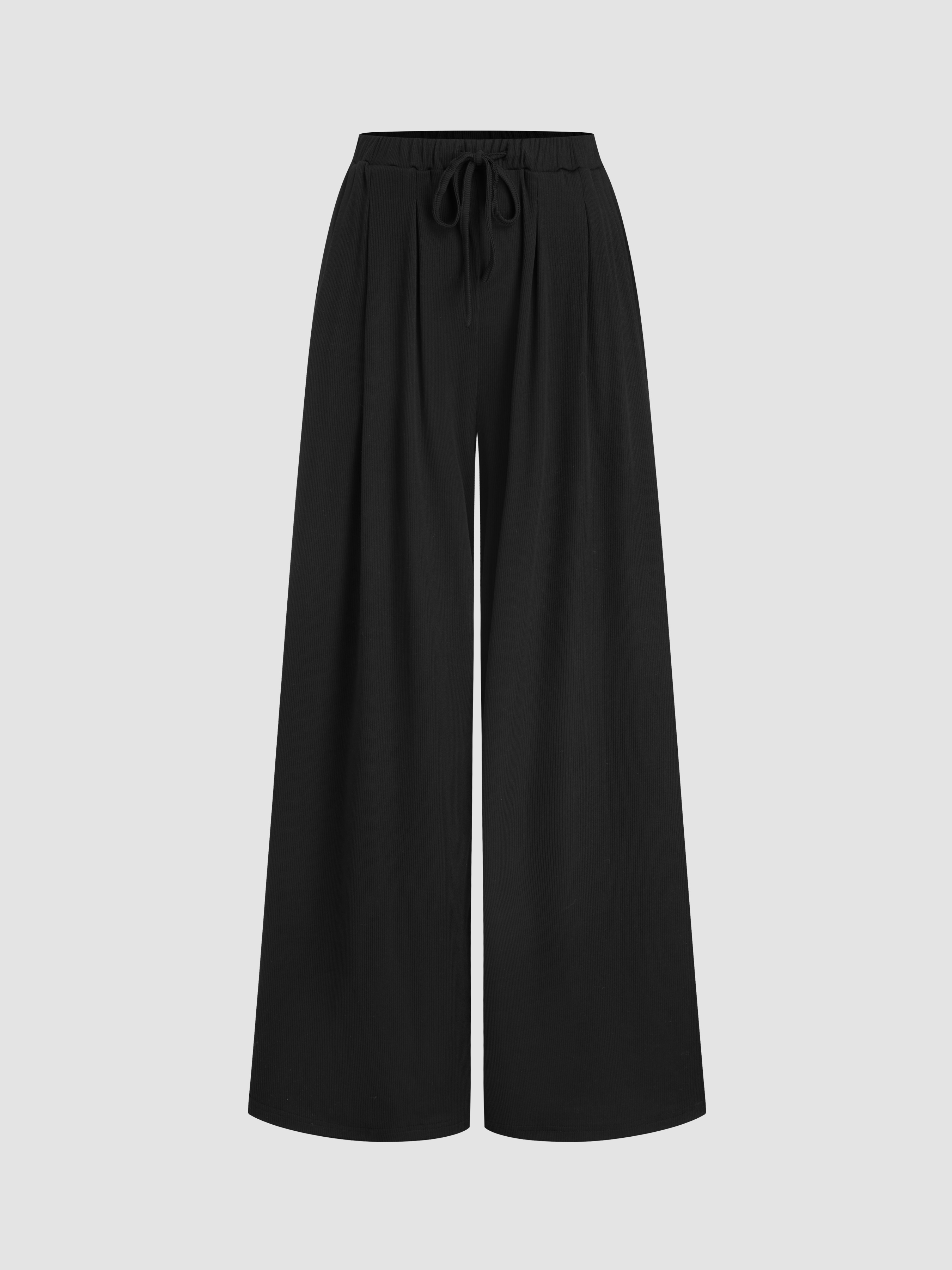 V-neck Wrap Knotted Long Sleeve Top & Mid Rise Straight Leg Trousers Set - Black