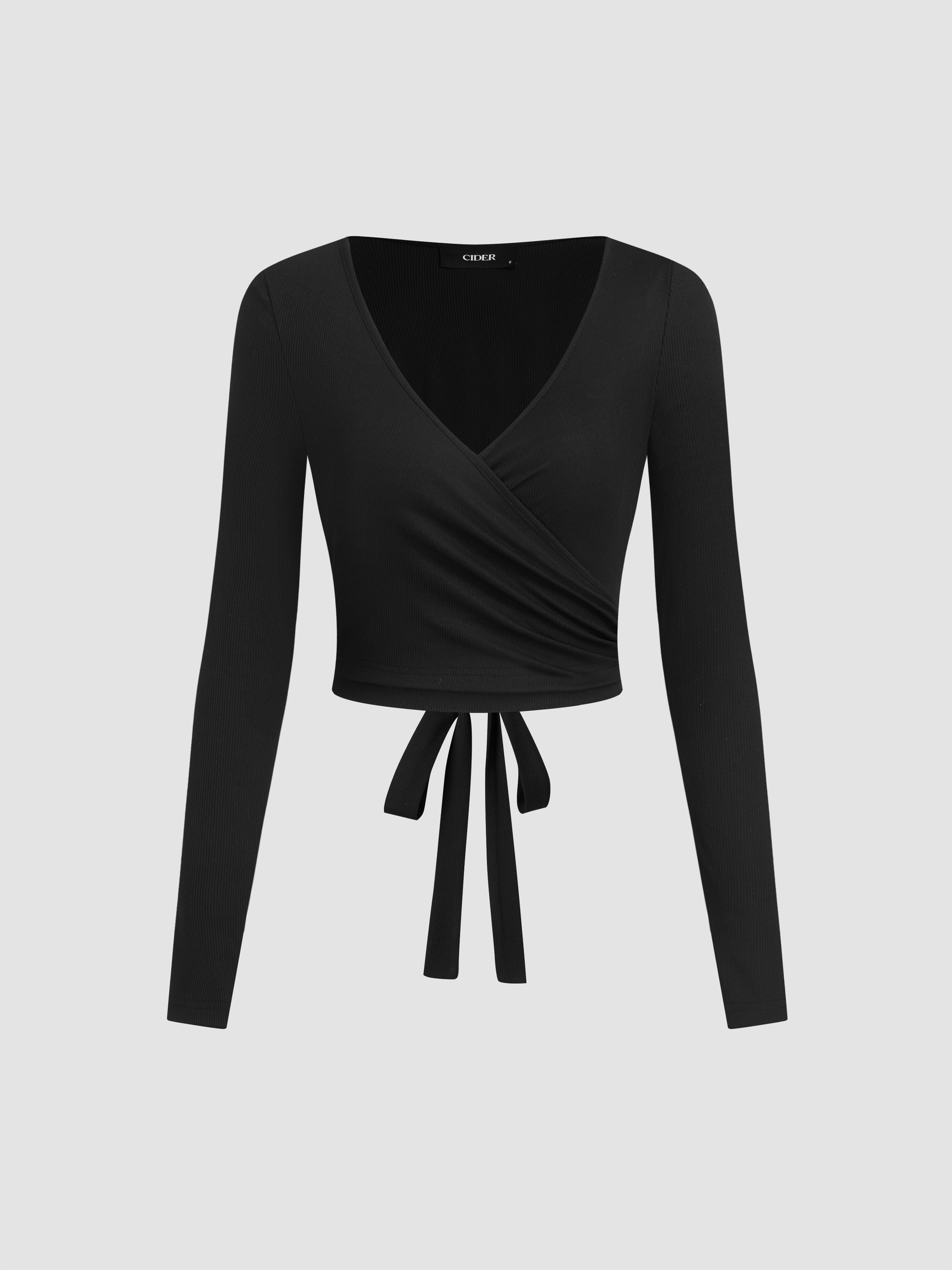 V-neck Wrap Knotted Long Sleeve Top & Mid Rise Straight Leg Trousers Set - Black