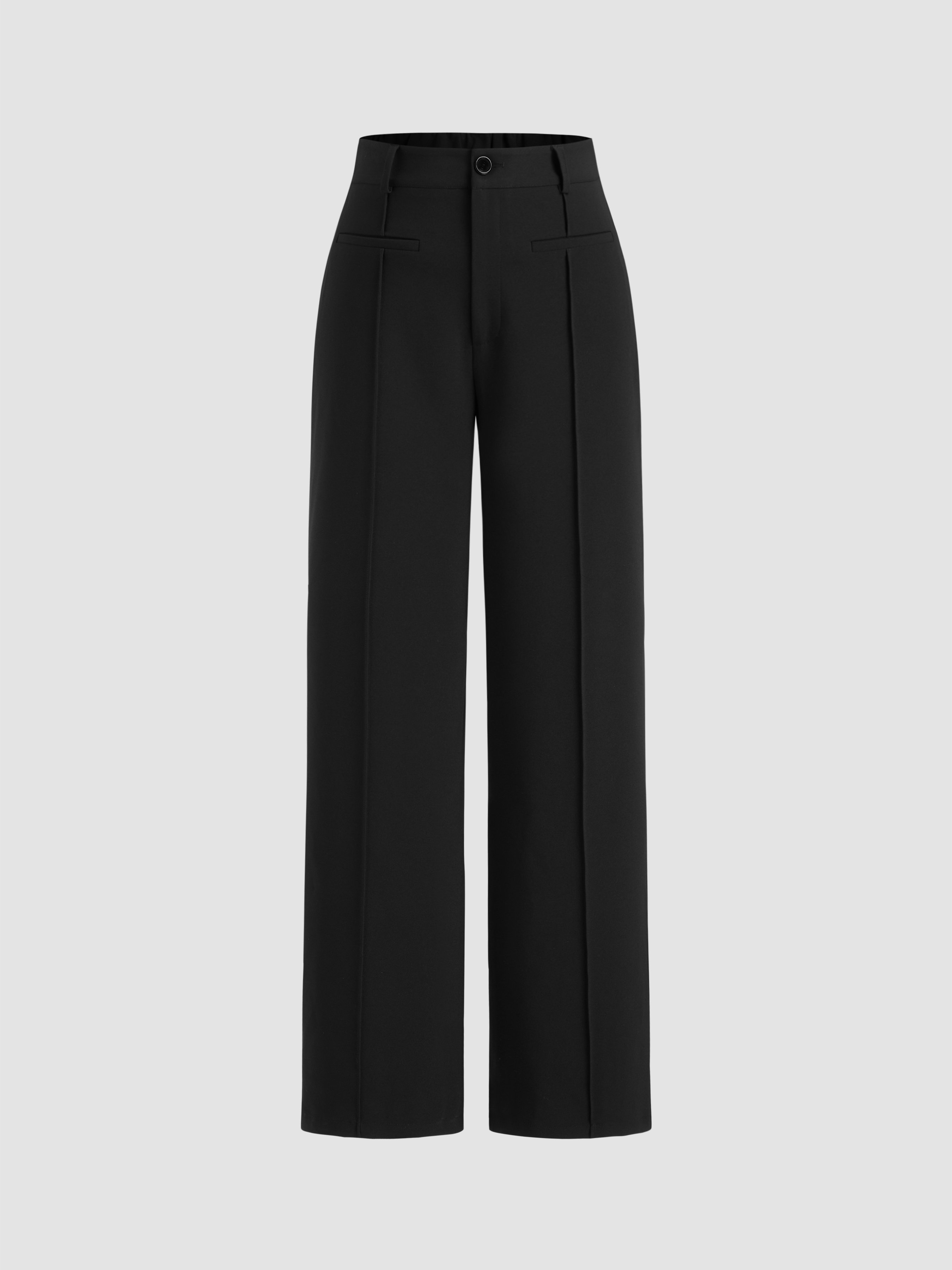 Mid Rise Pleated Straight Leg Trousers - Black
