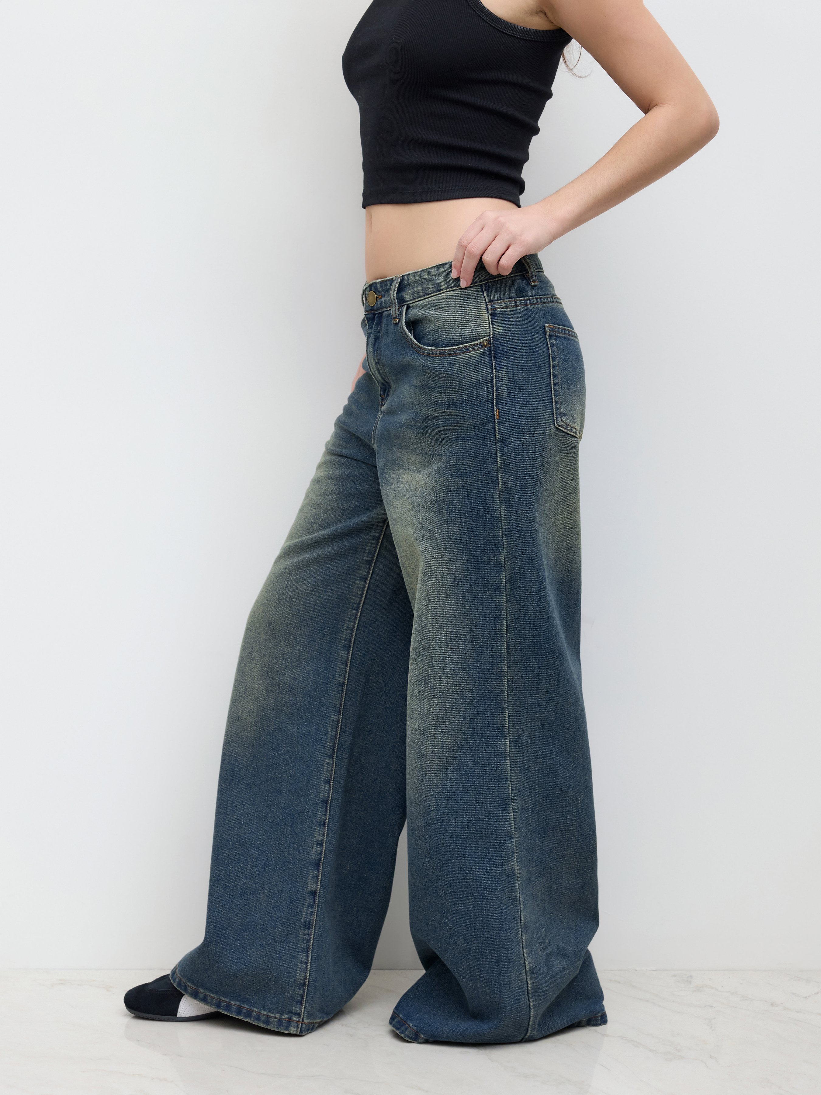 Denim Low-Rise Baggy Trousers - Indigo