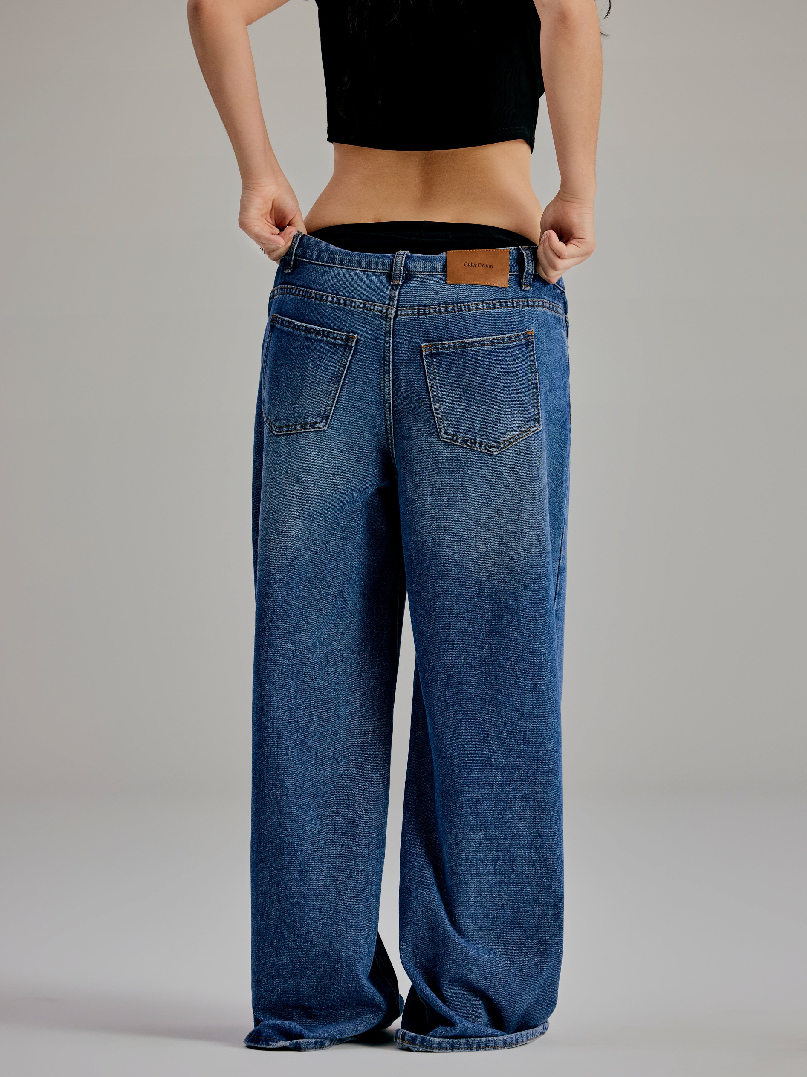 Denim Low-Rise Baggy Trousers - Navy Blue