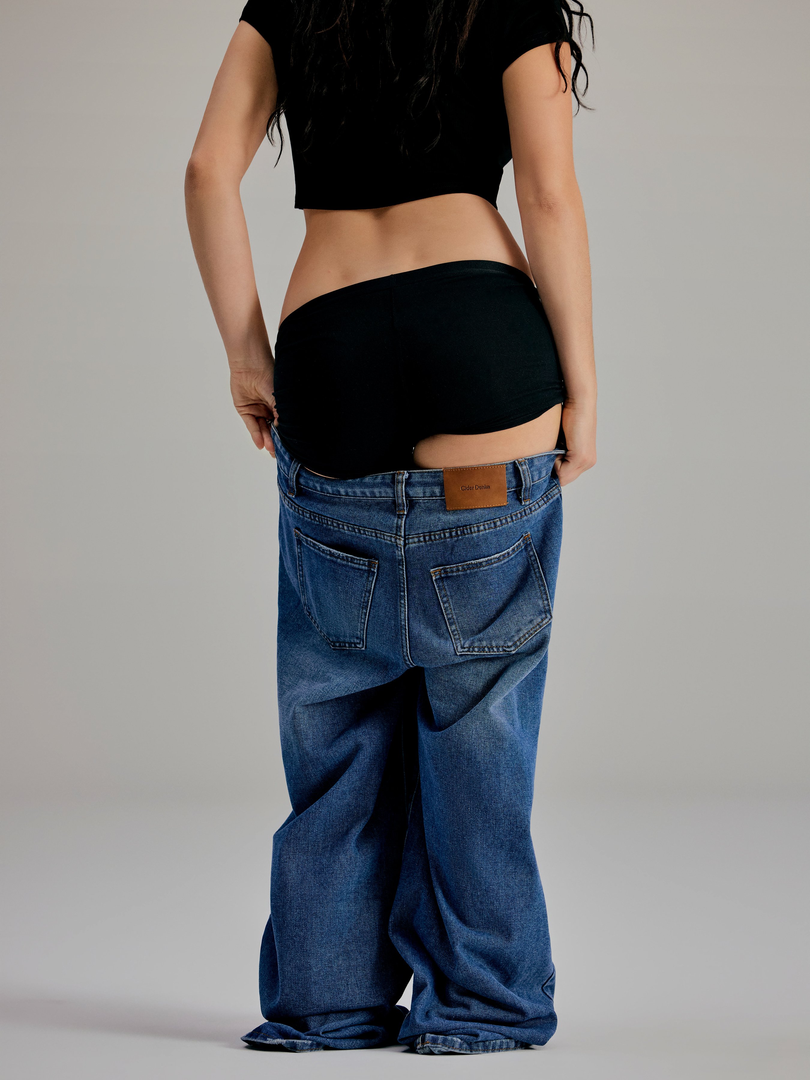 Denim Low-Rise Baggy Trousers - Navy Blue