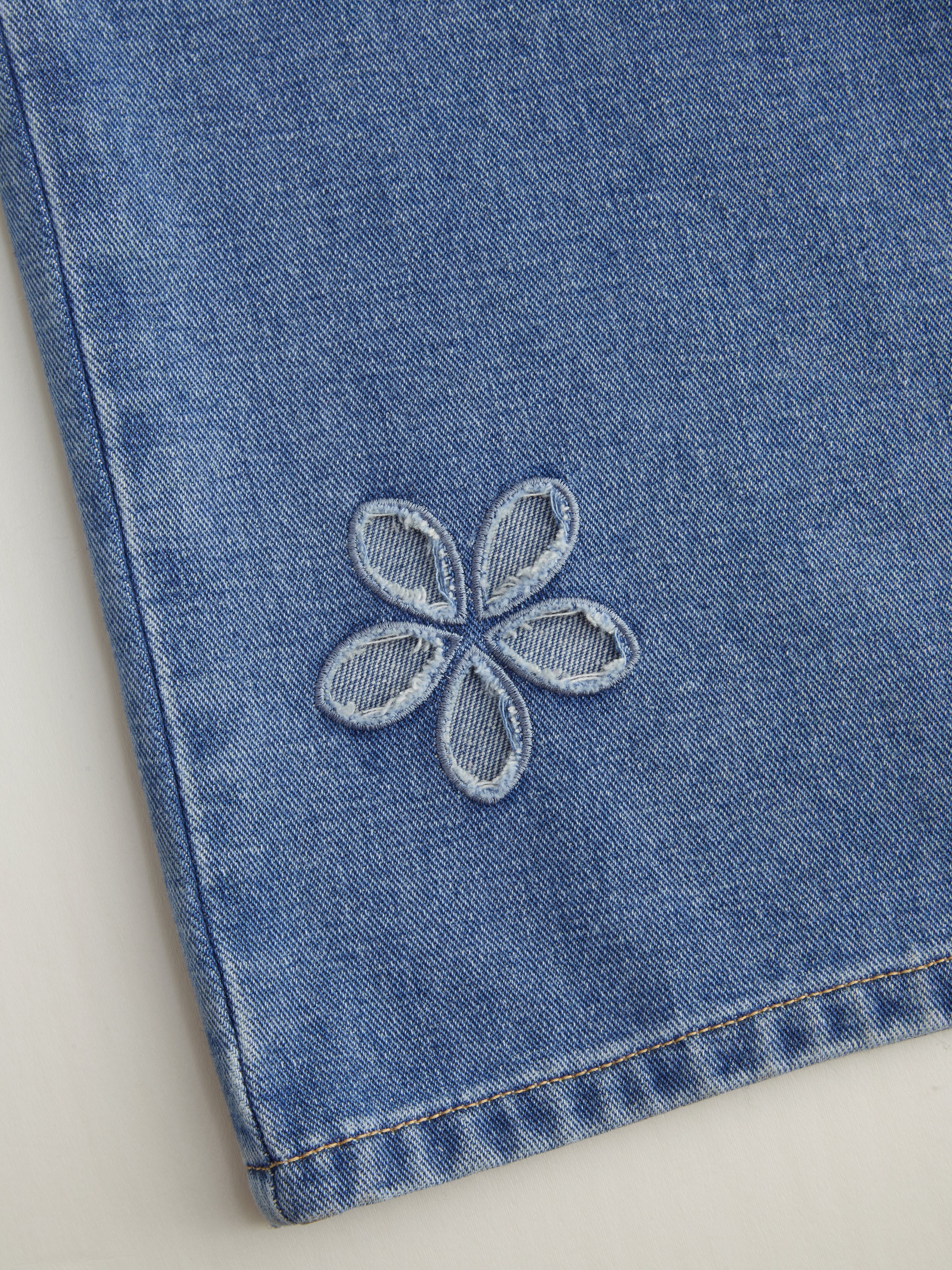 Denim Mid Waist Floral Pocket Wide Leg Jeans