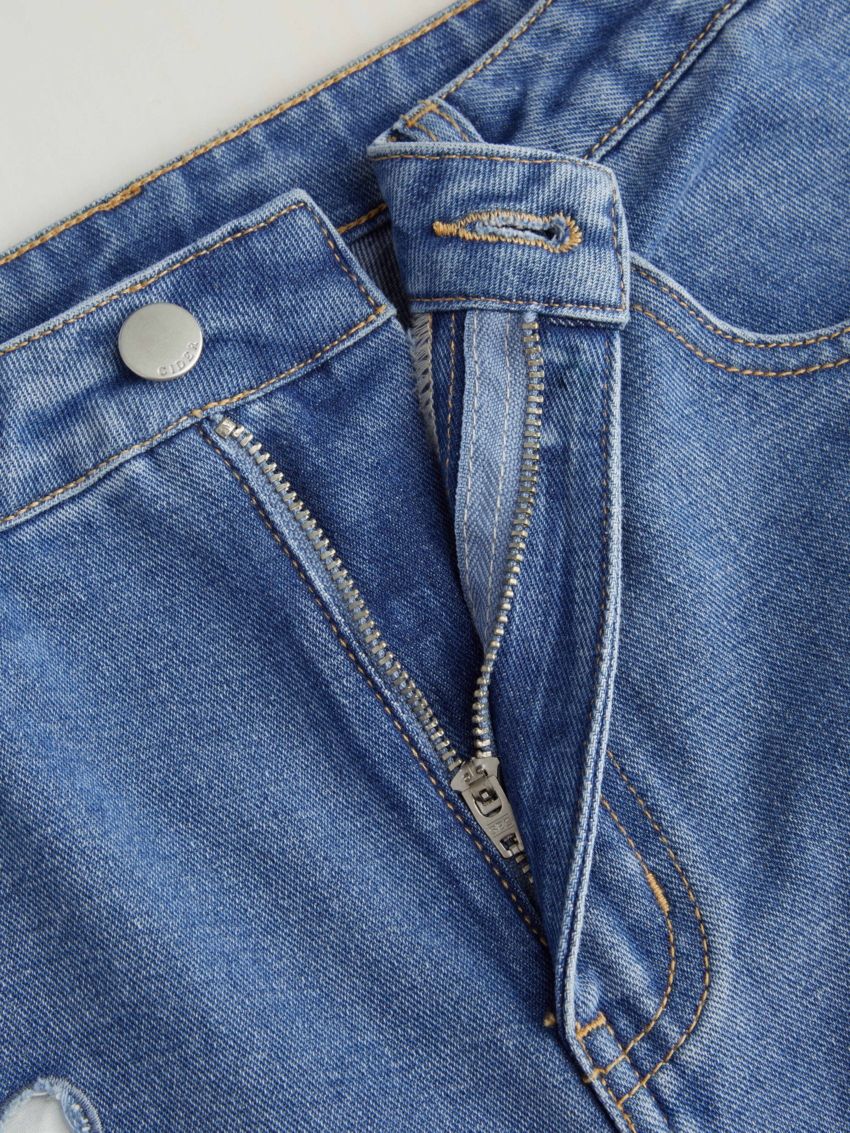 Denim Mid Waist Floral Pocket Wide Leg Jeans