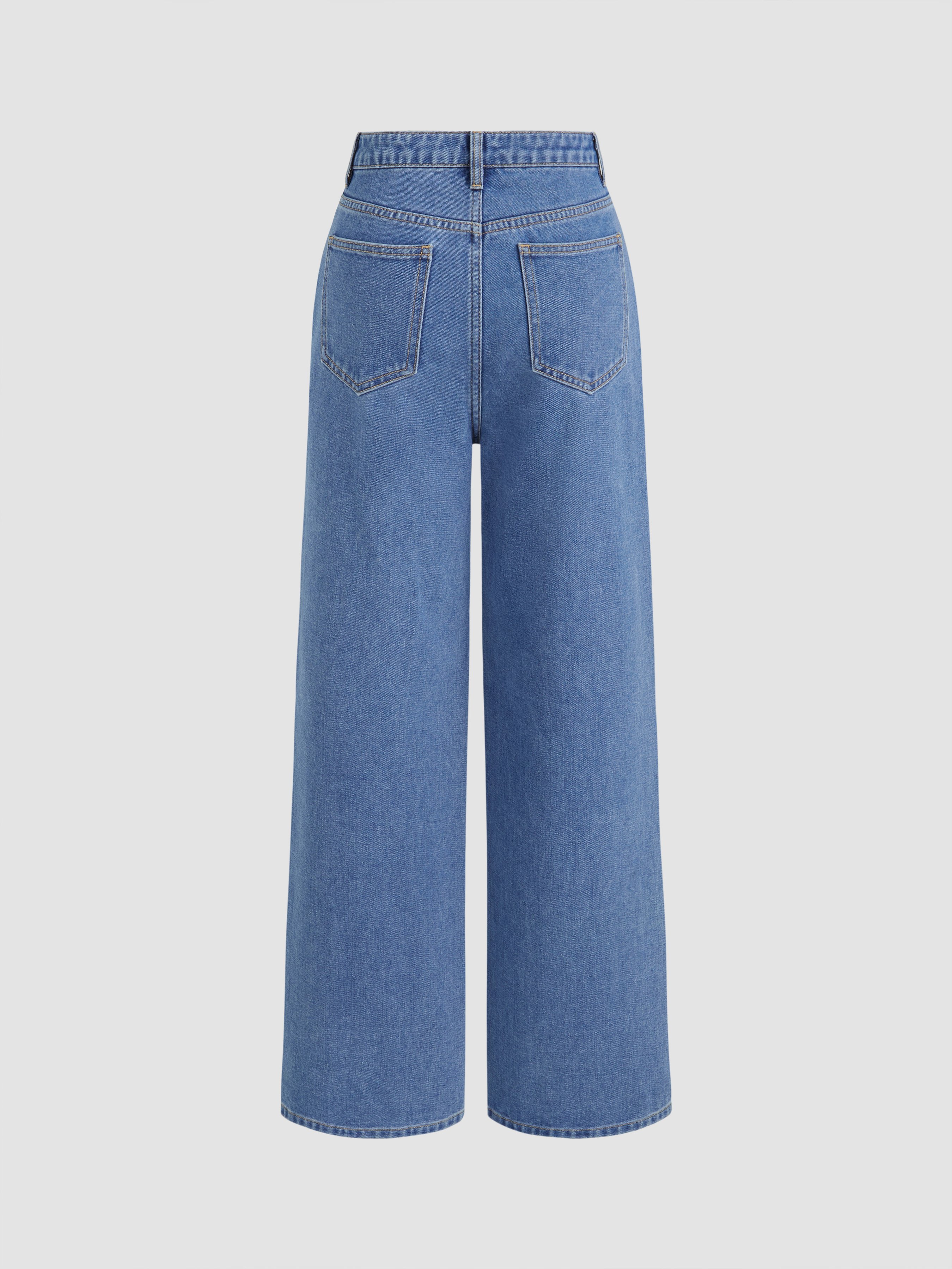 Denim Mid Waist Floral Pocket Wide Leg Jeans