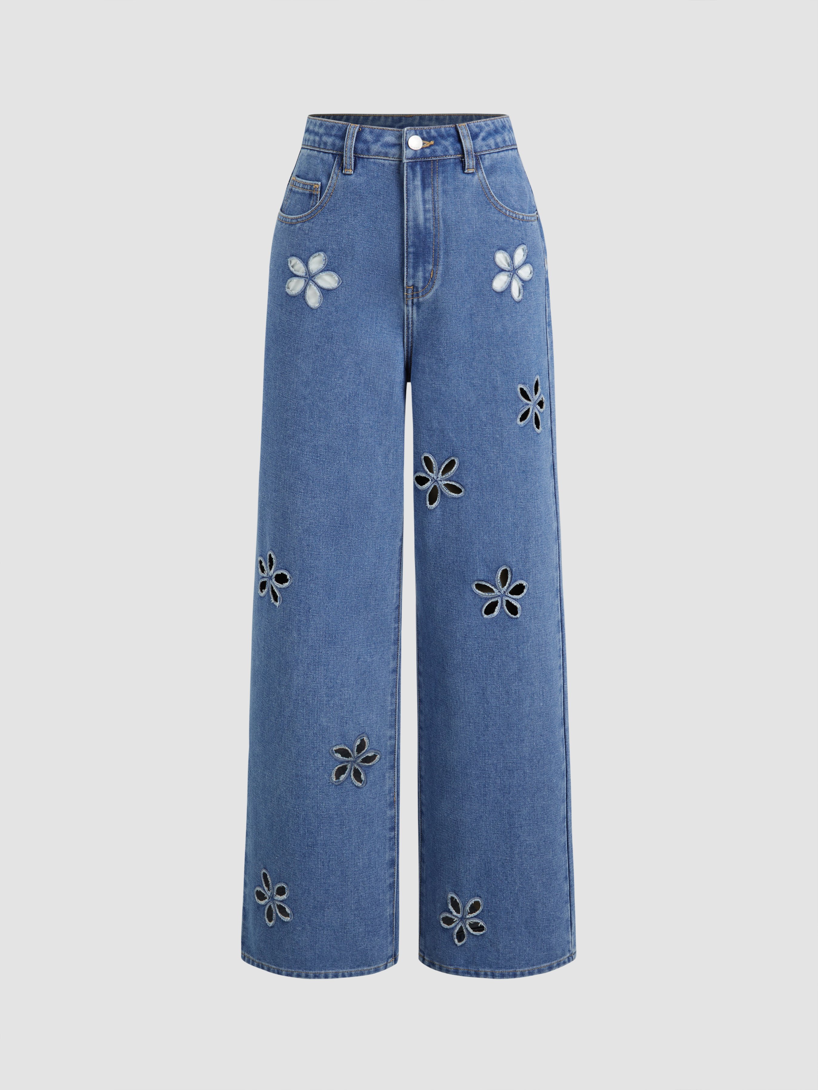 Denim Mid Waist Floral Pocket Wide Leg Jeans