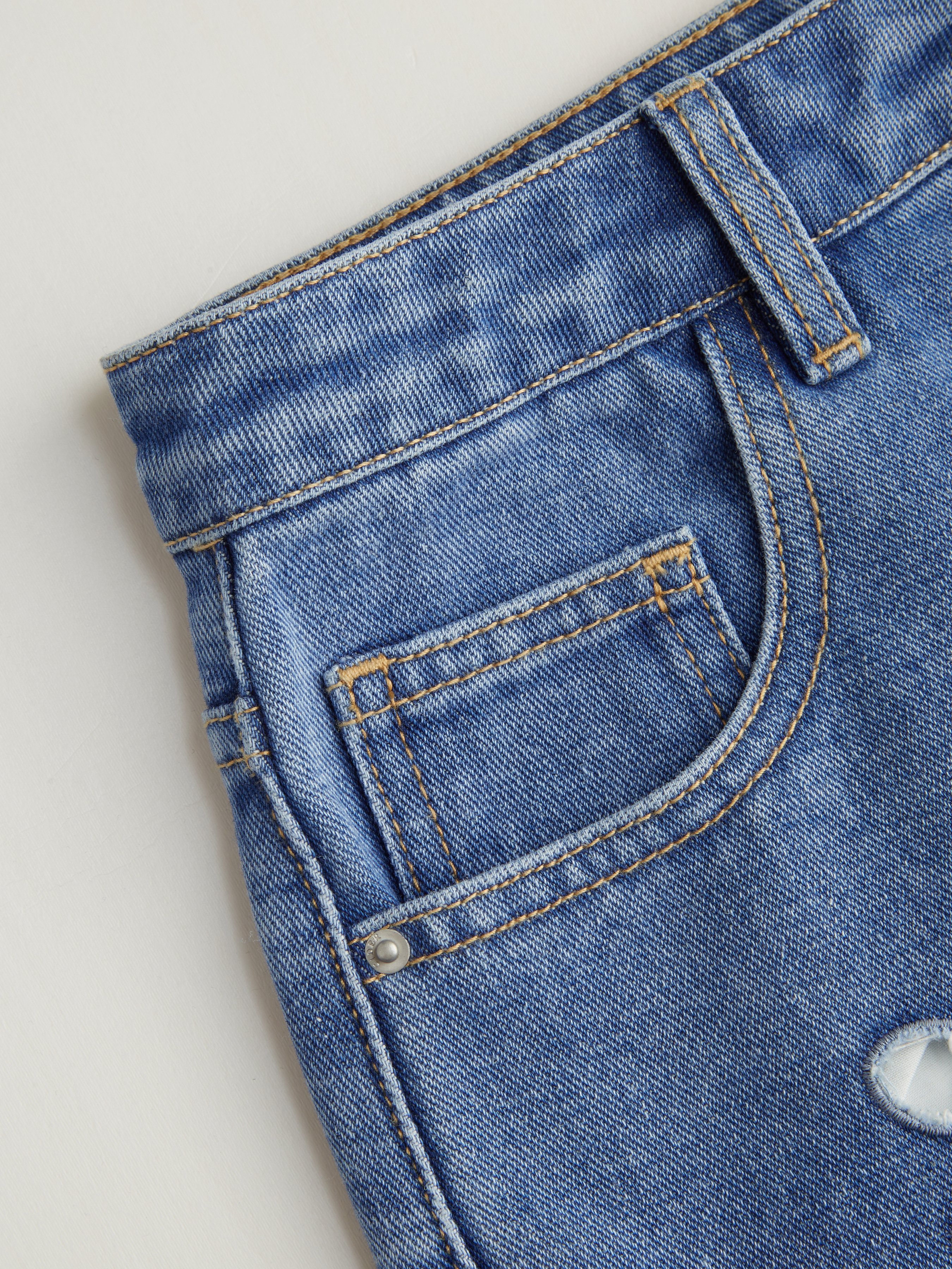 Denim Mid Waist Floral Pocket Wide Leg Jeans