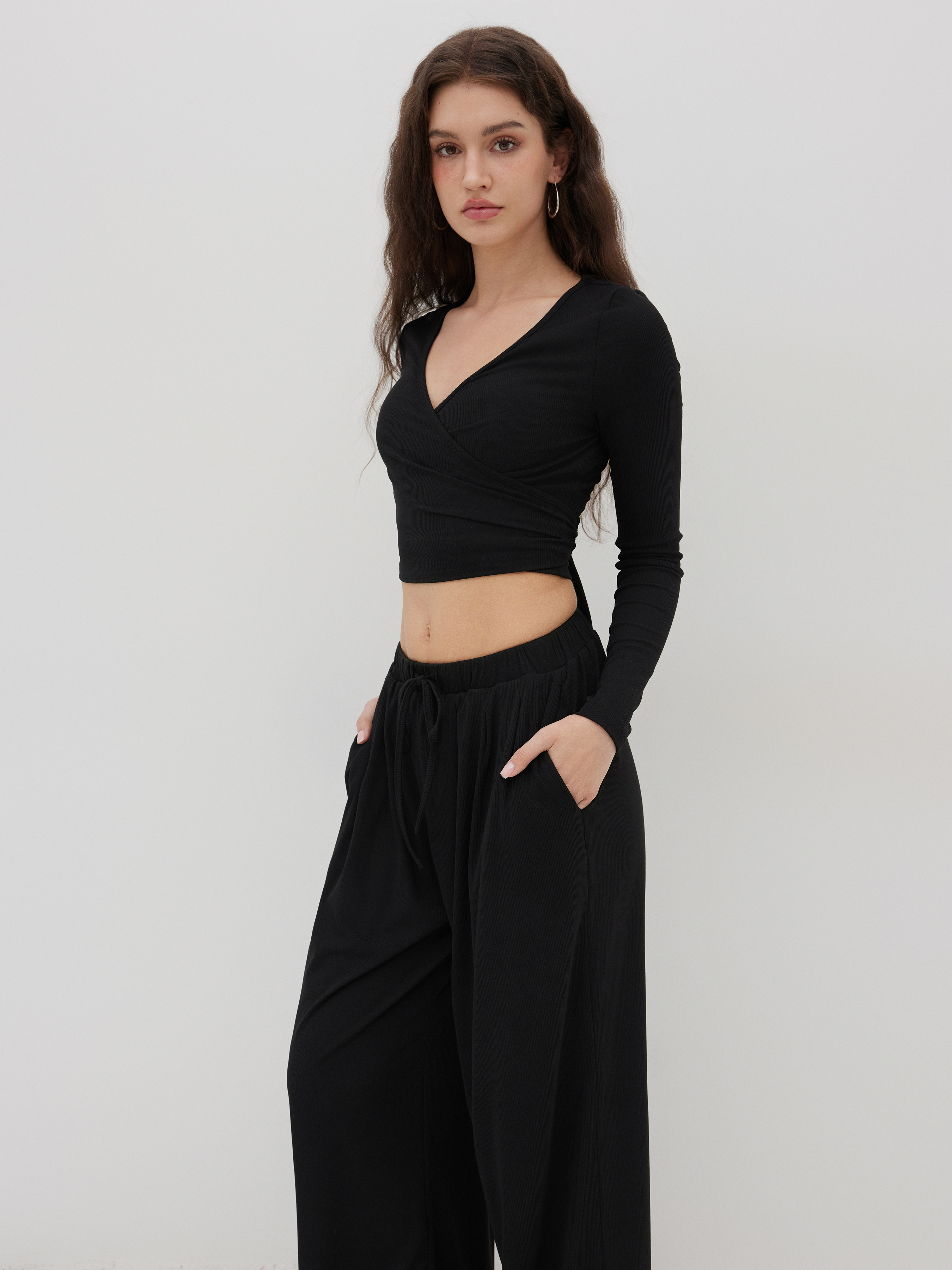 V-neck Wrap Knotted Long Sleeve Top & Mid Rise Straight Leg Trousers Set - Black