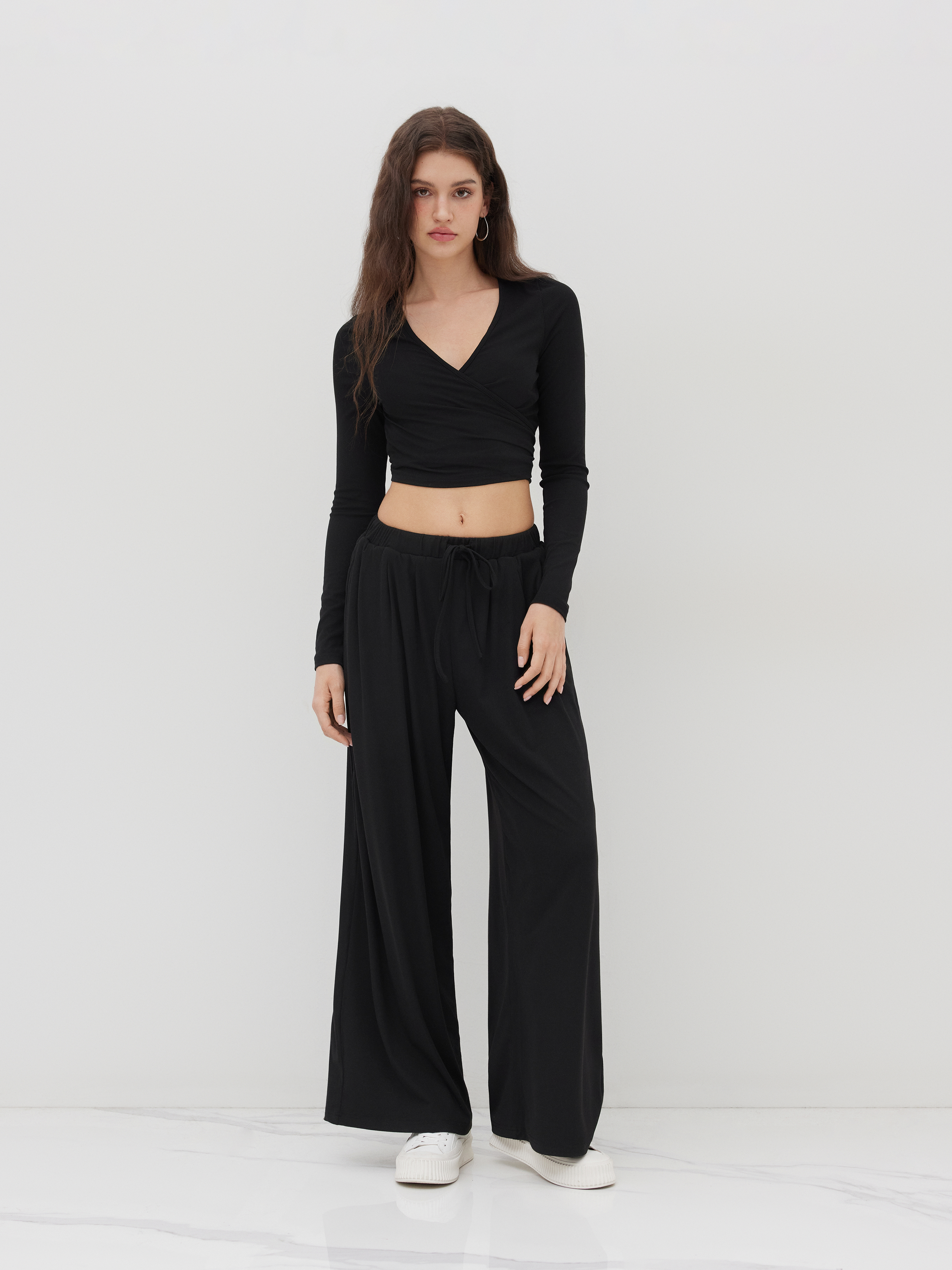 V-neck Wrap Knotted Long Sleeve Top & Mid Rise Straight Leg Trousers Set - Black