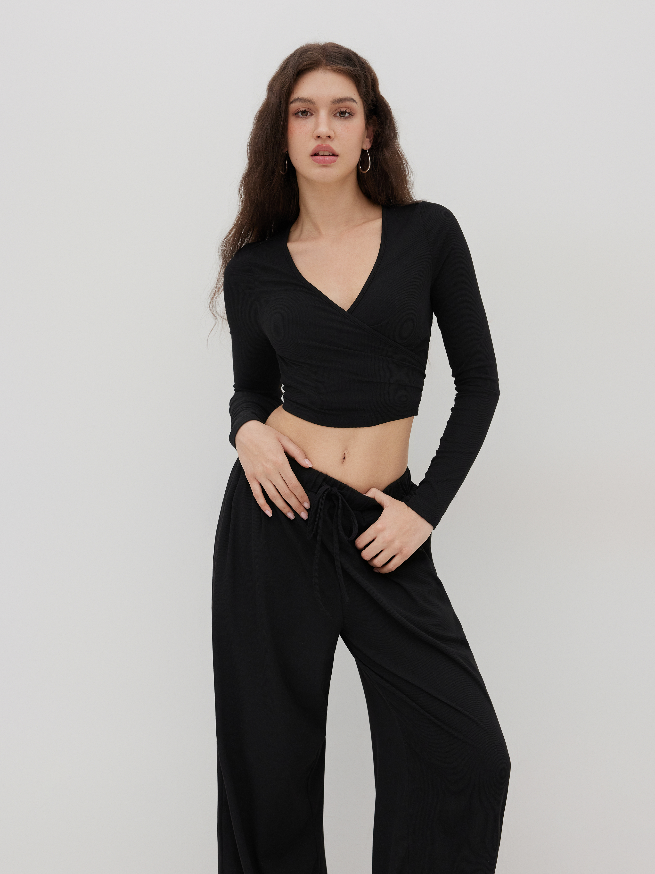 V-neck Wrap Knotted Long Sleeve Top & Mid Rise Straight Leg Trousers Set - Black
