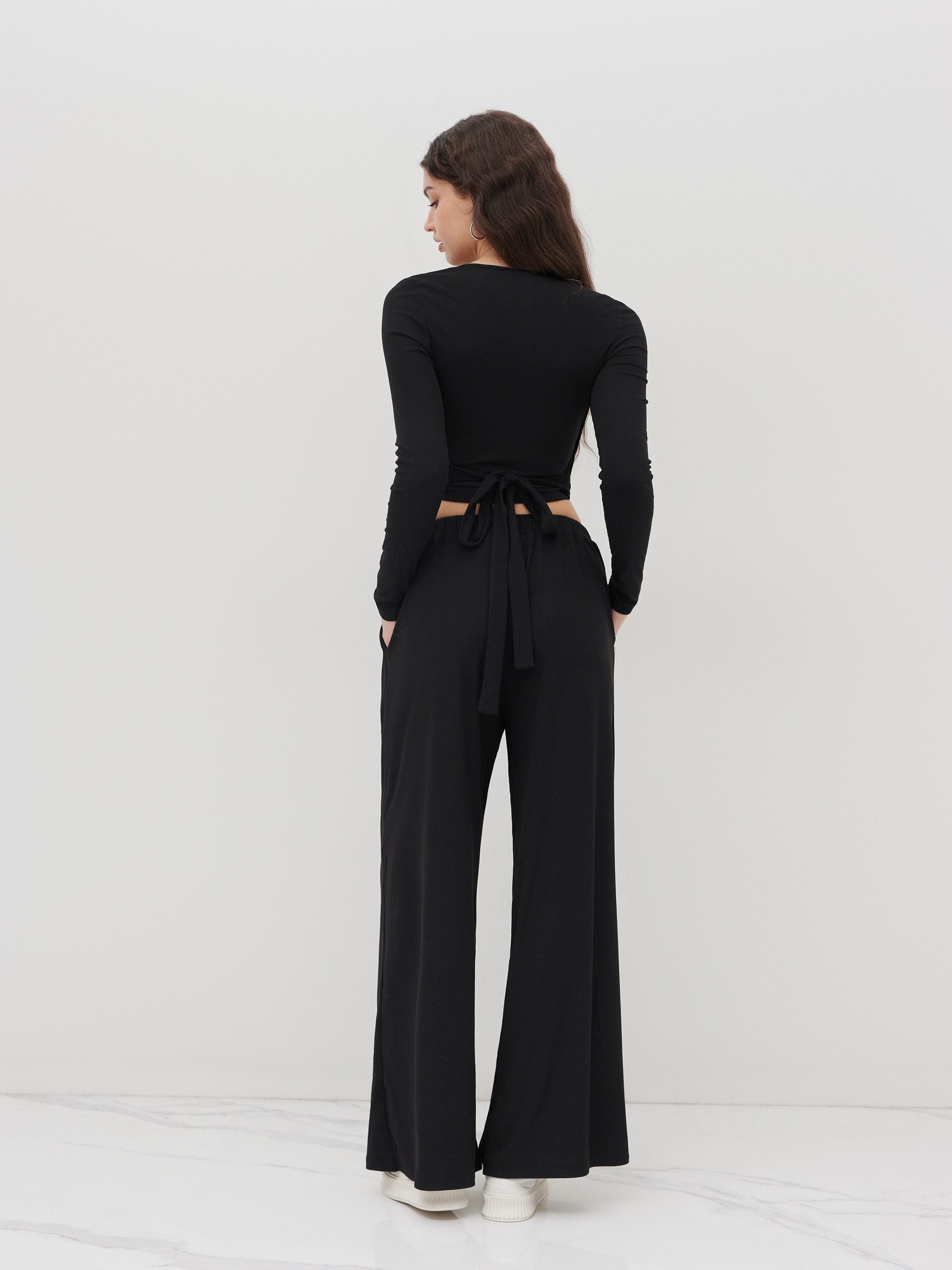 V-neck Wrap Knotted Long Sleeve Top & Mid Rise Straight Leg Trousers Set - Black