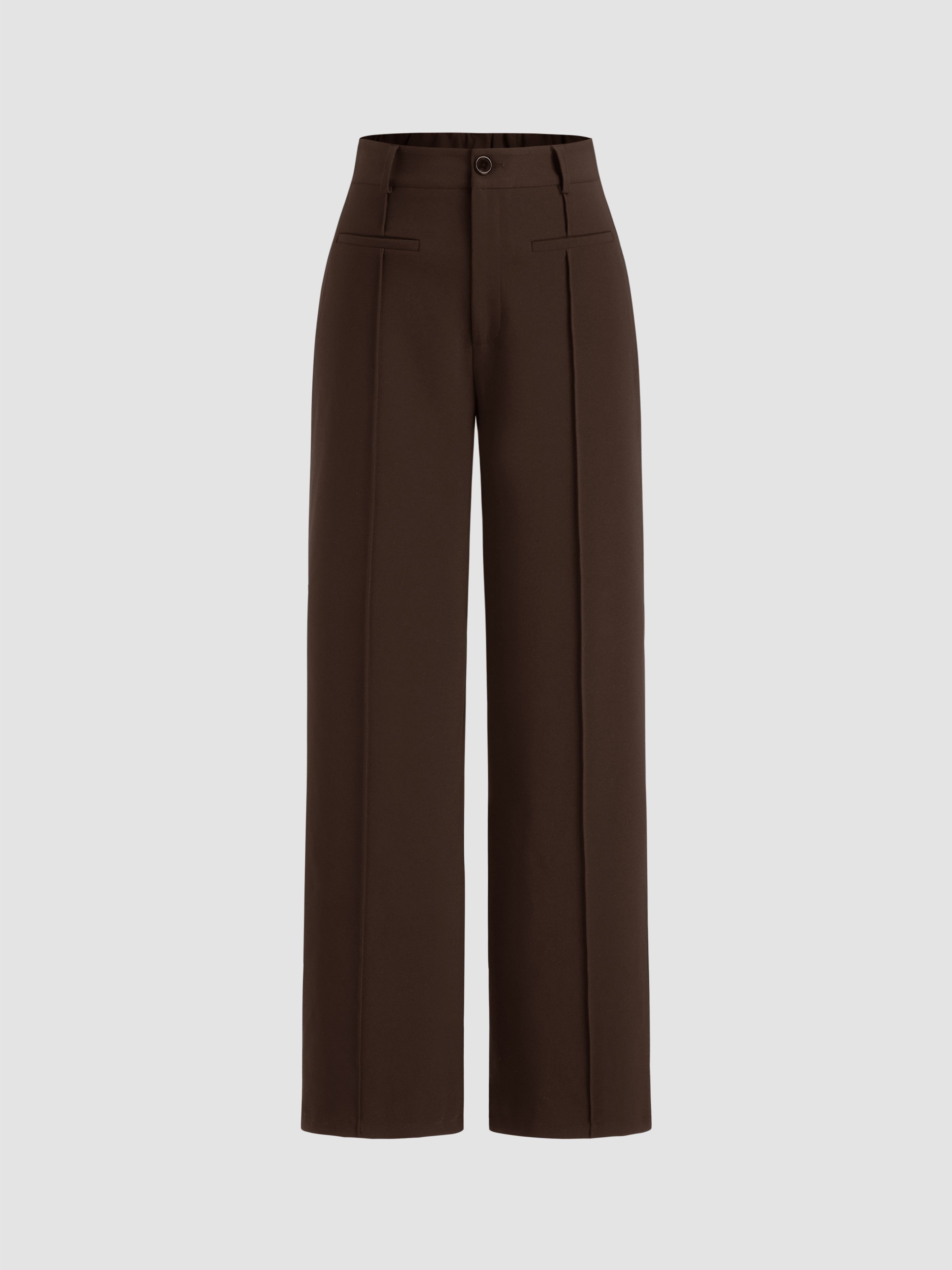 Mid Rise Pleated Straight Leg Trousers - Coffee
