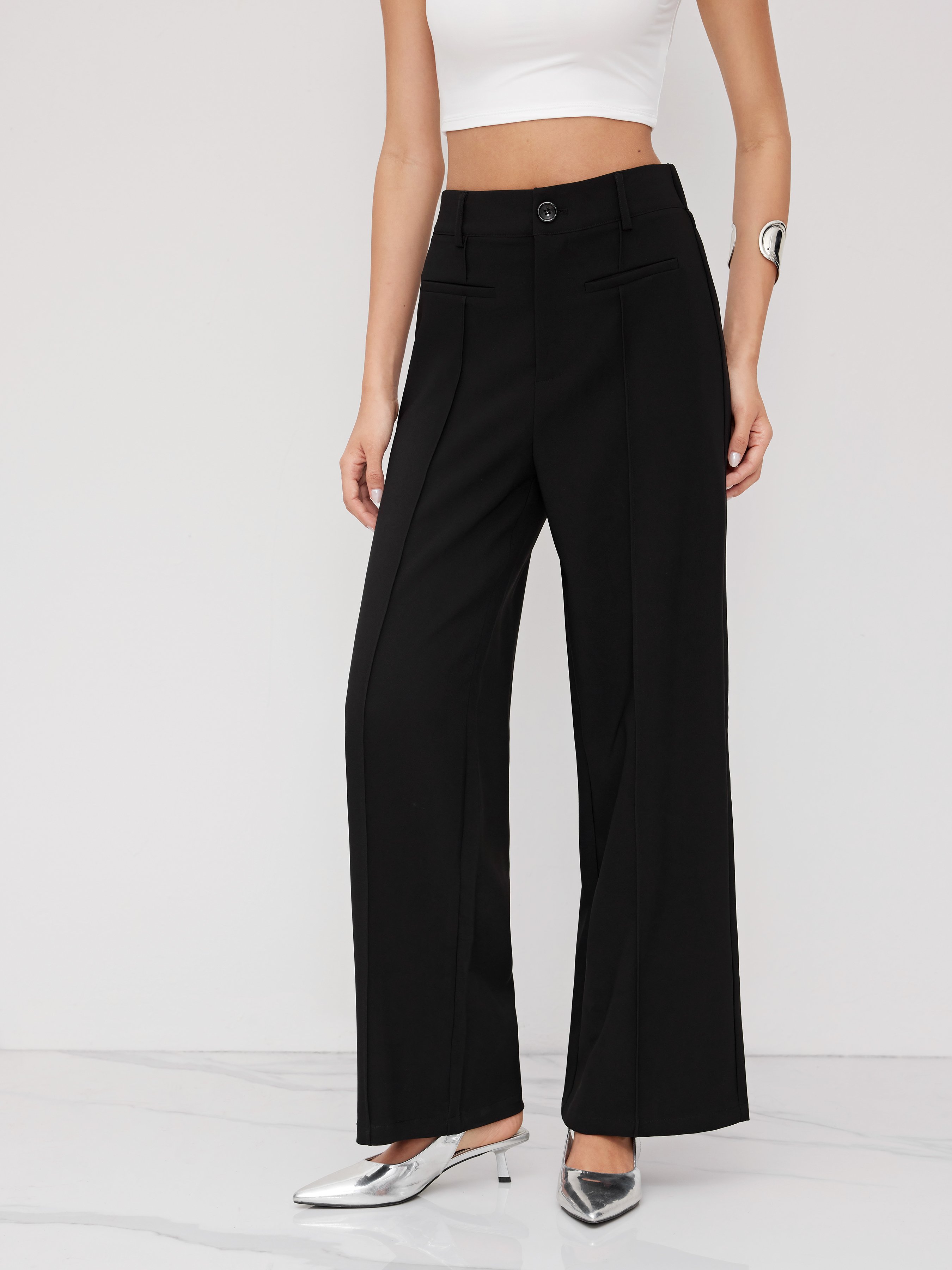 Mid Rise Pleated Straight Leg Trousers - Black