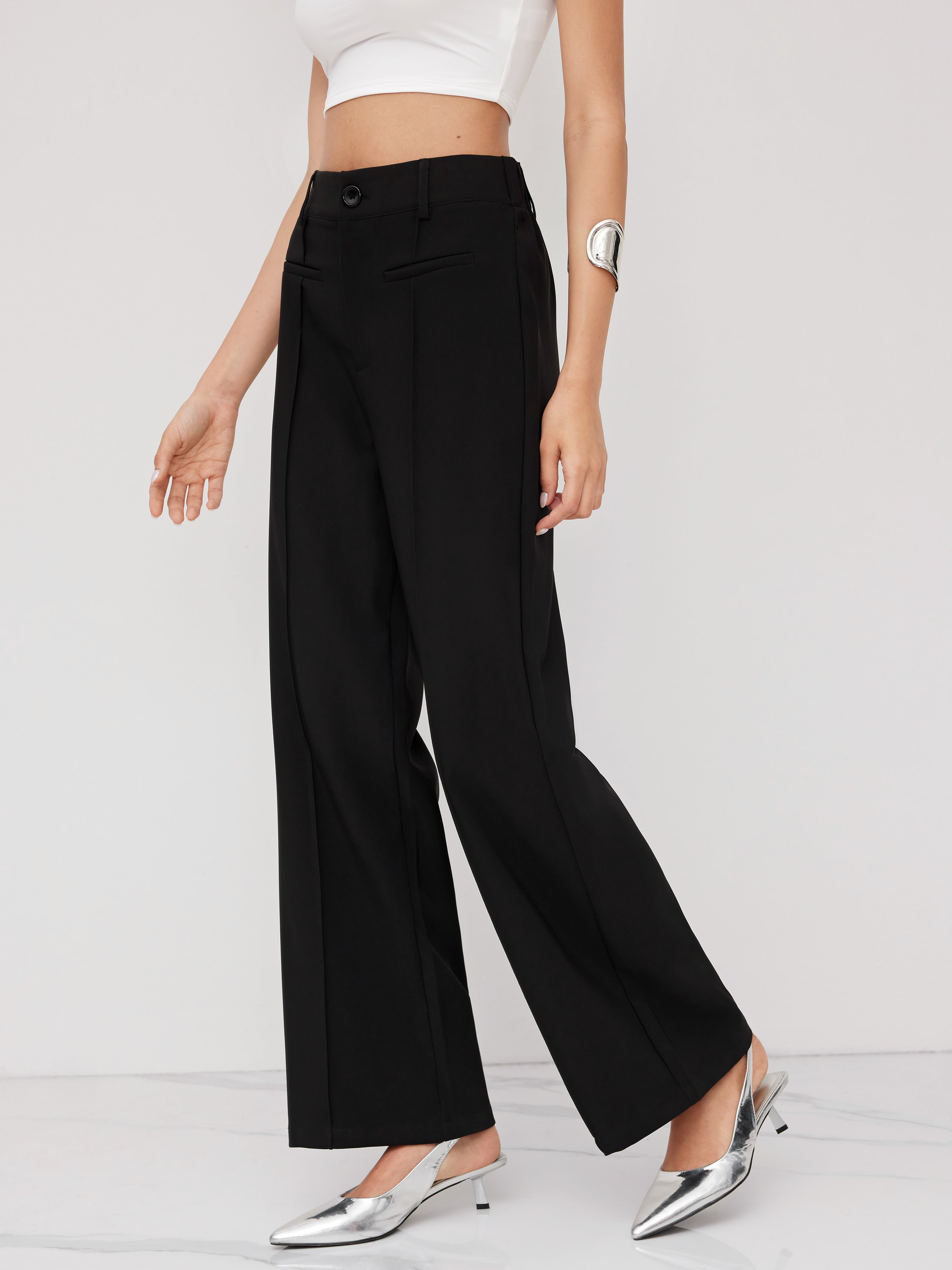 Mid Rise Pleated Straight Leg Trousers - Black