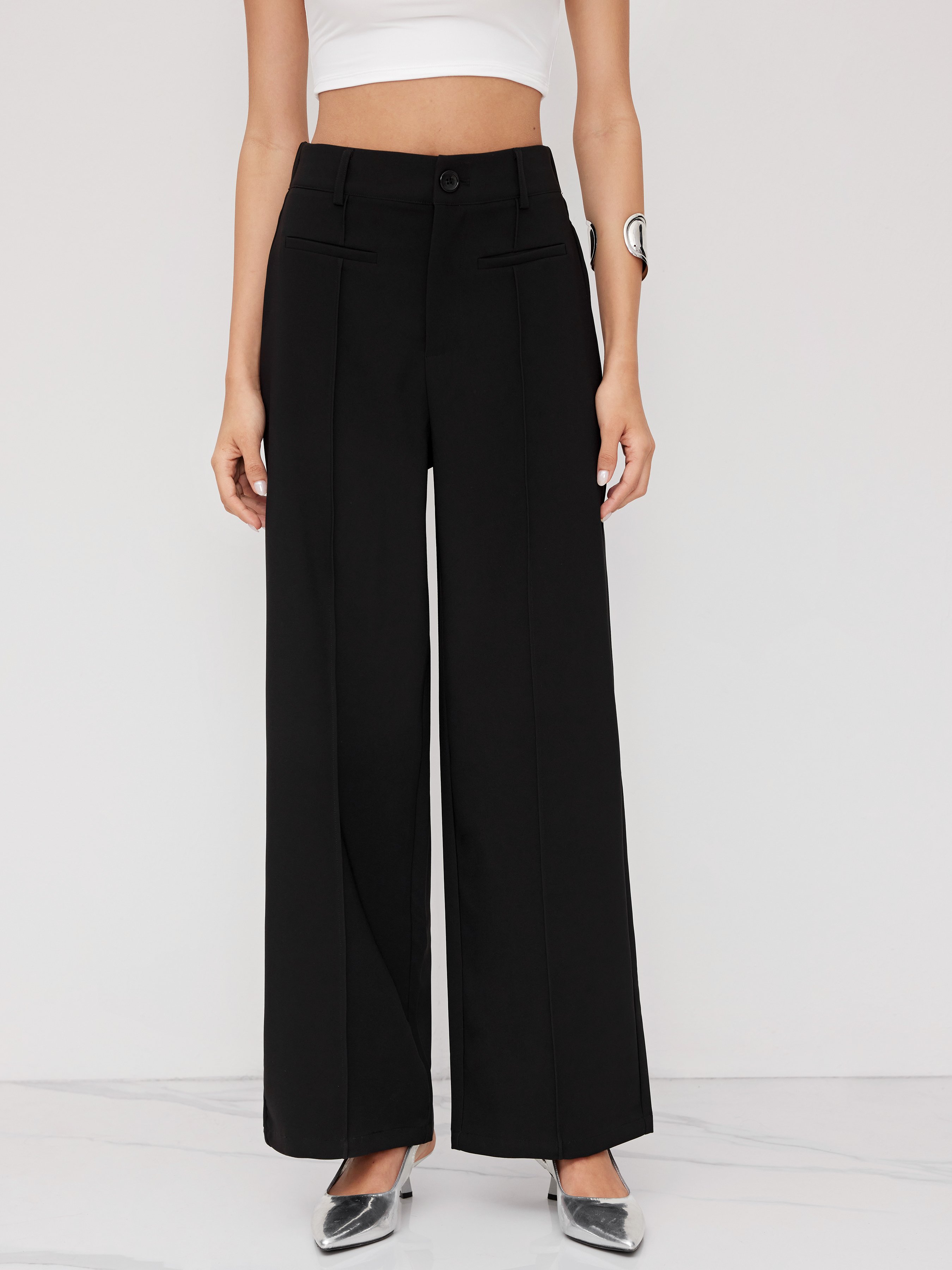 Mid Rise Pleated Straight Leg Trousers - Black