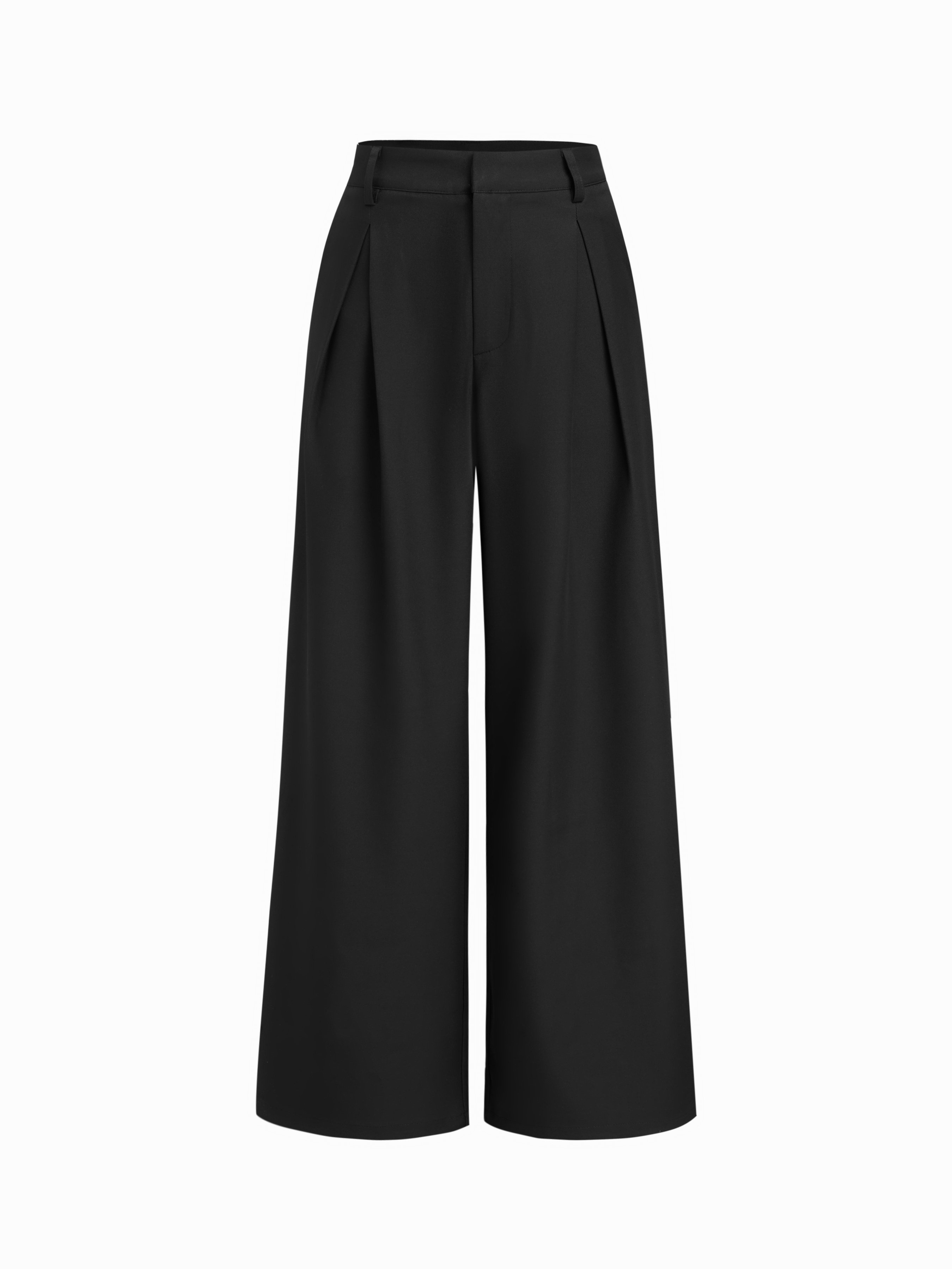 Petite Mid Rise Pleated Straight Leg Trousers - Black