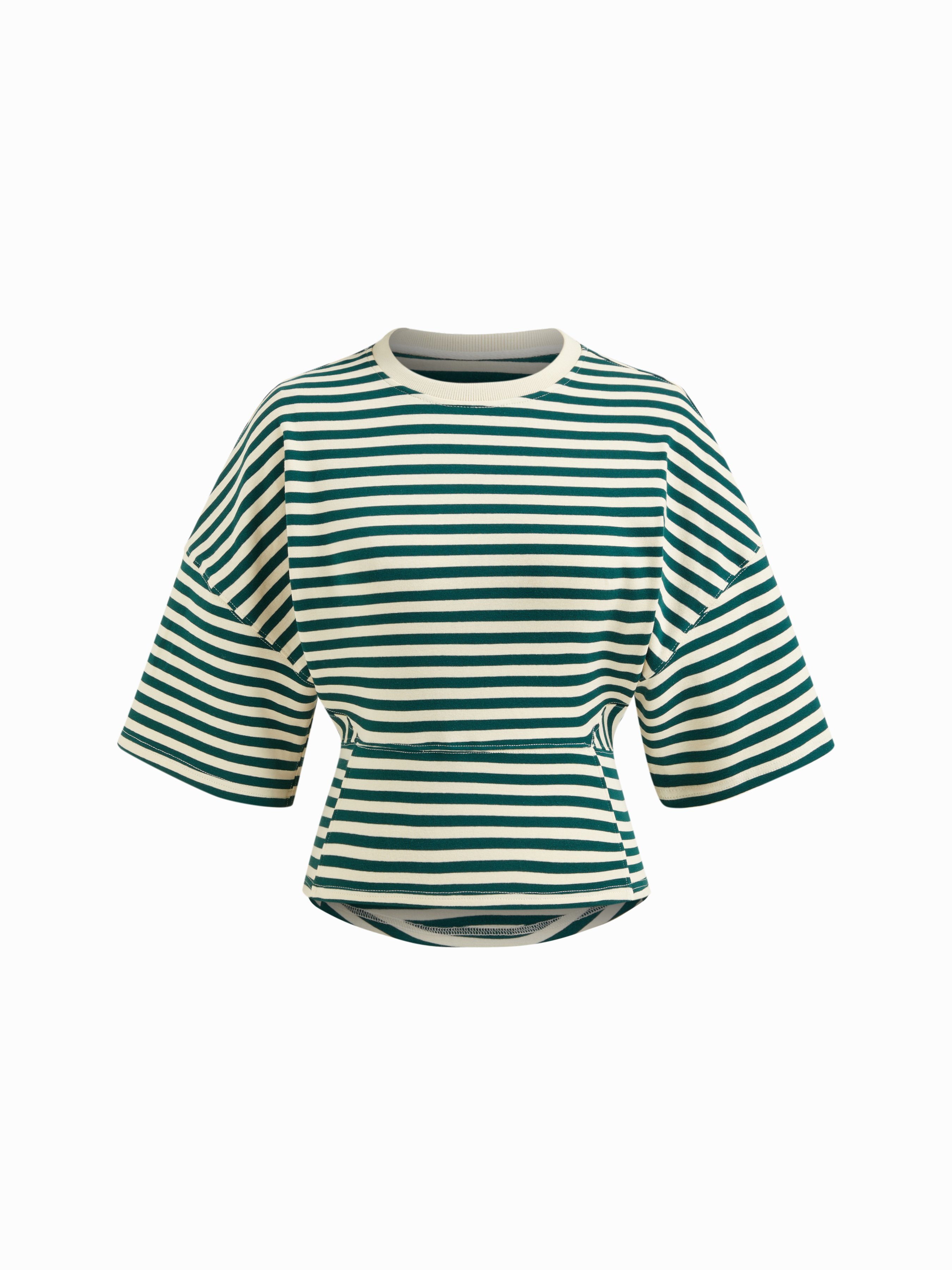 Cotton-blend Stripe Round Neckline Mid-length Sleeve Cinched Waist Tee - Green
