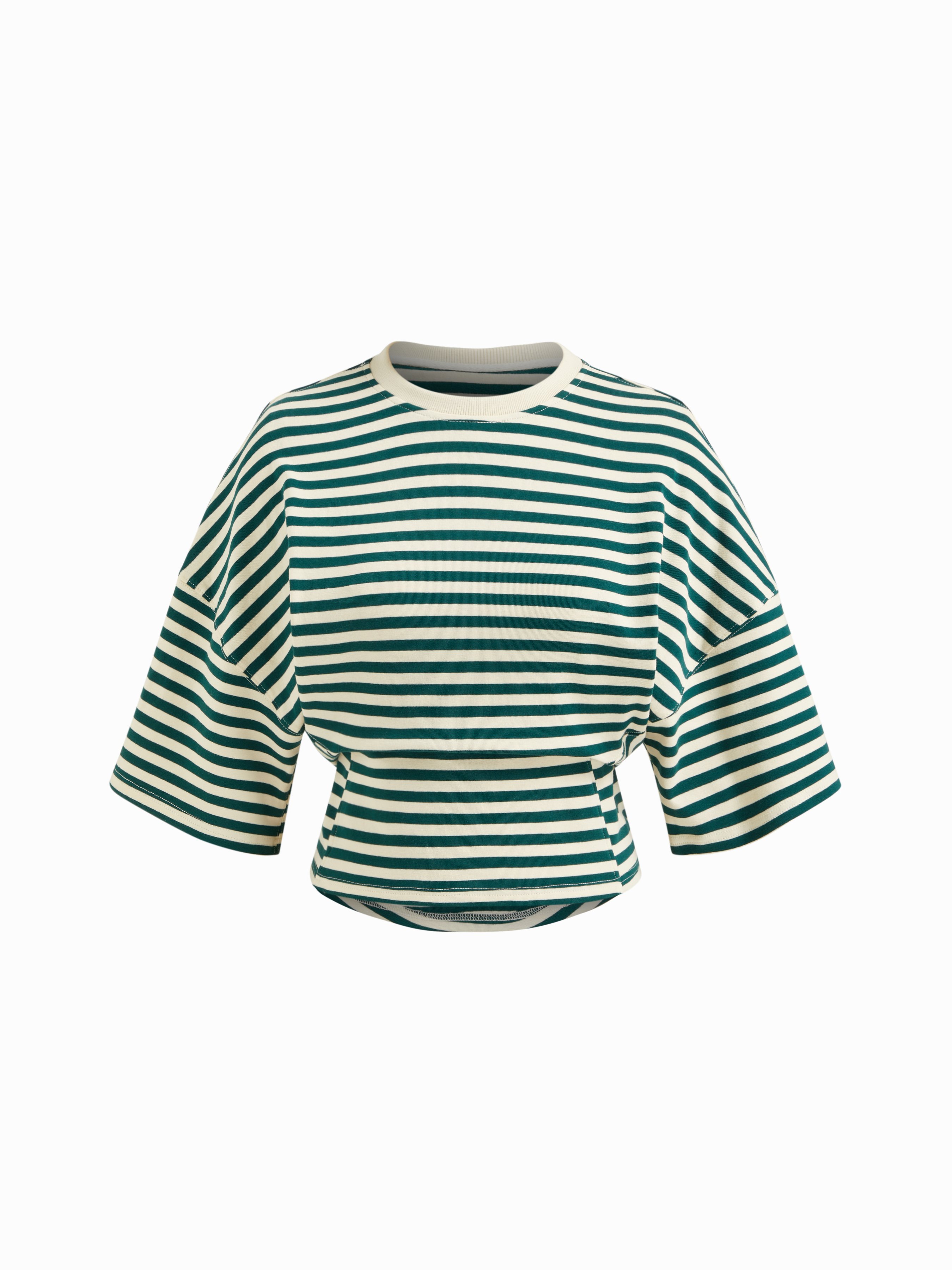 Cotton-blend Stripe Round Neckline Mid-length Sleeve Cinched Waist Tee - Green