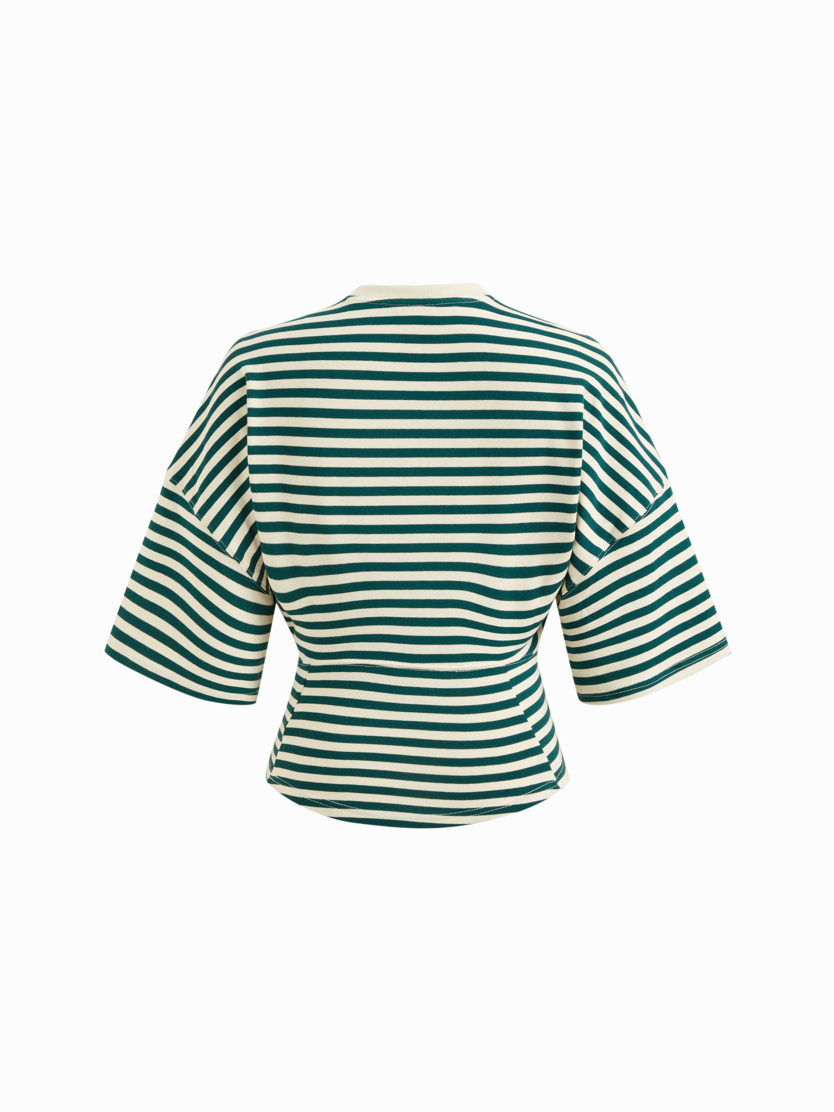 Cotton-blend Stripe Round Neckline Mid-length Sleeve Cinched Waist Tee - Green
