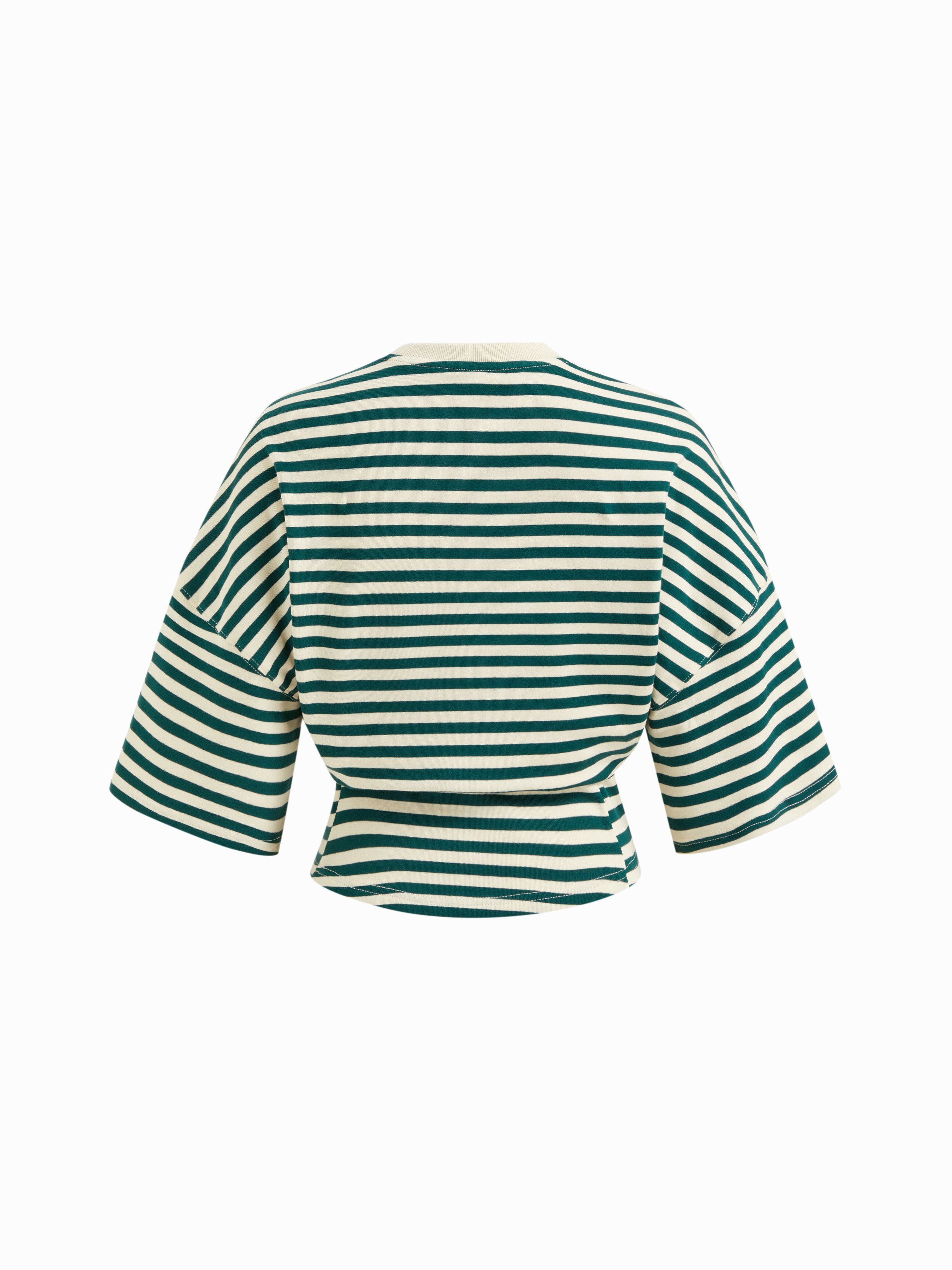 Cotton-blend Stripe Round Neckline Mid-length Sleeve Cinched Waist Tee - Green