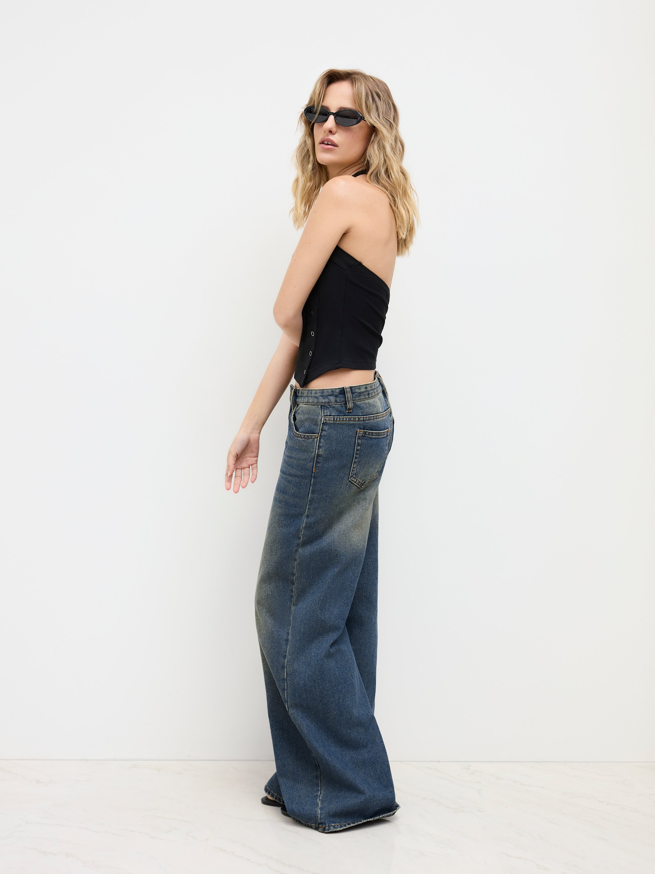 Denim Low-Rise Baggy Trousers - Indigo