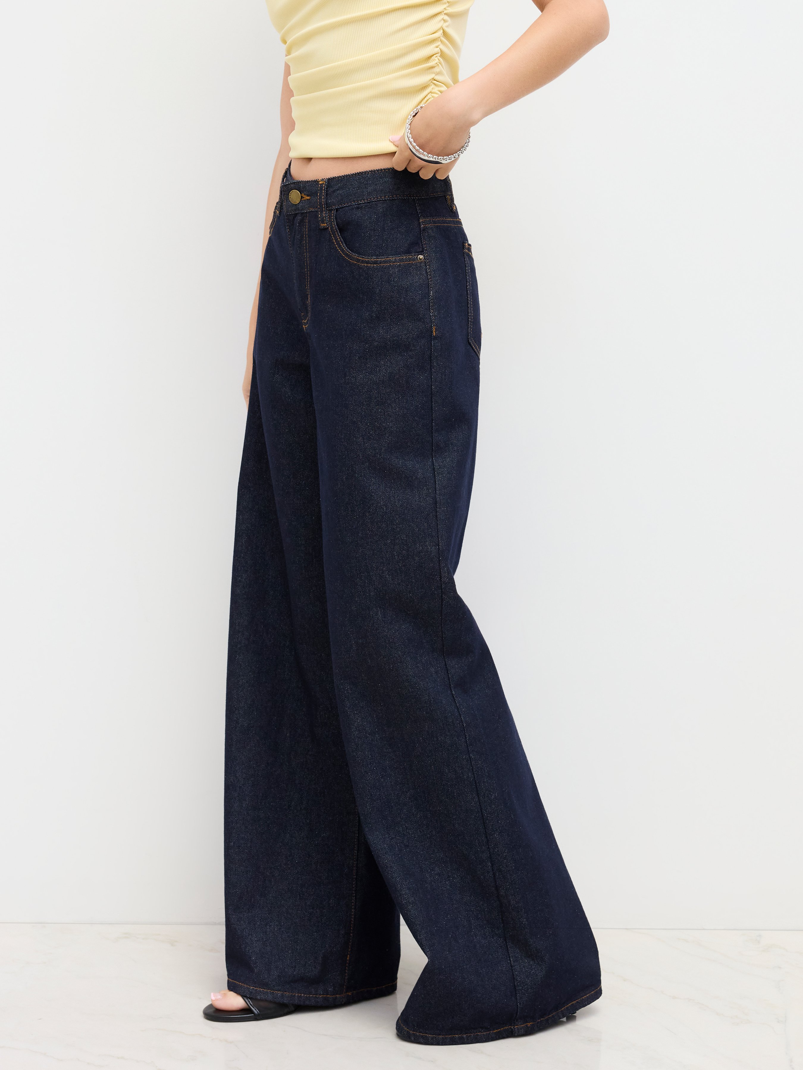 Denim Low-Rise Baggy Trousers - Dark denim