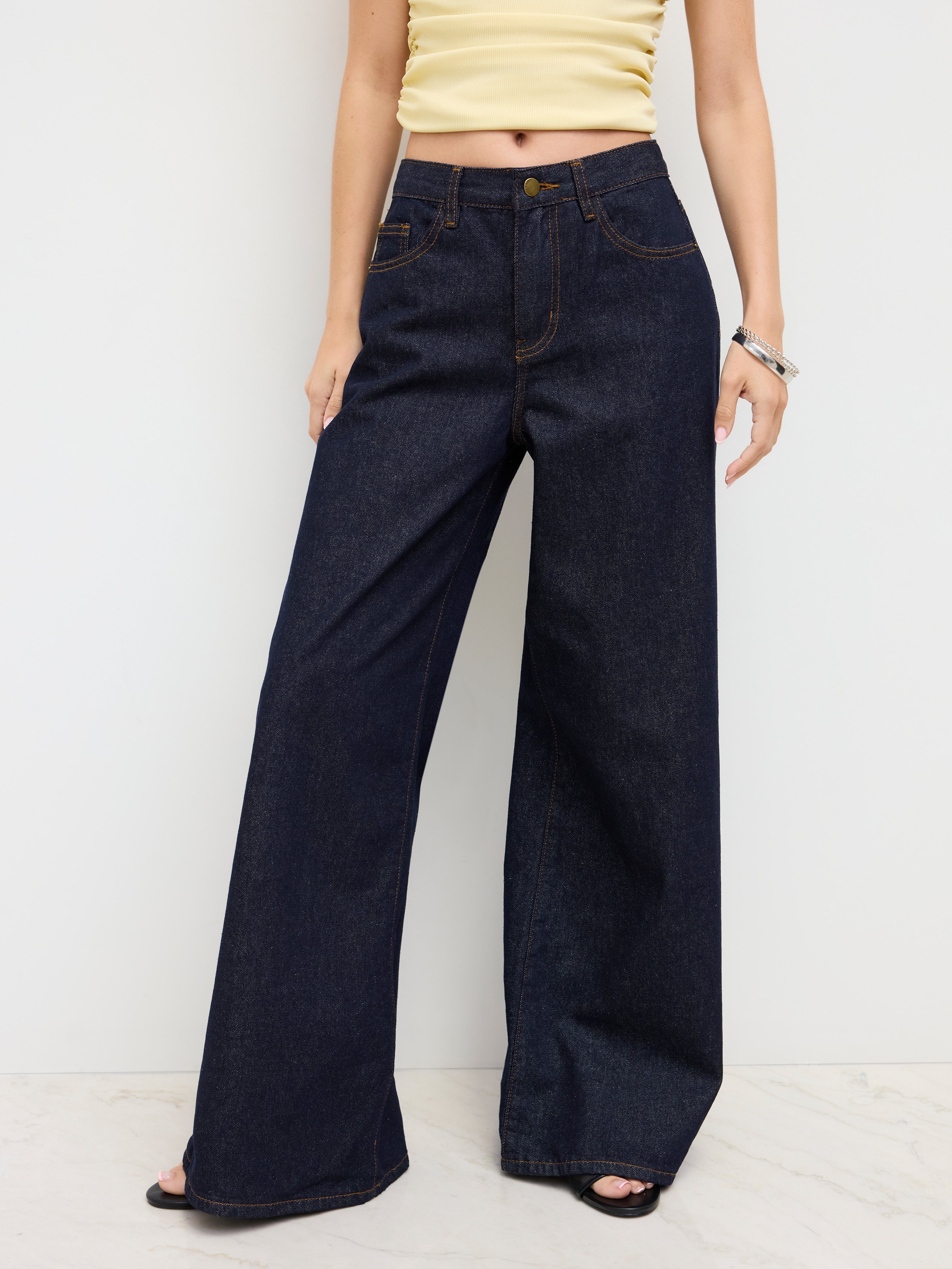 Denim Low-Rise Baggy Trousers - Dark denim