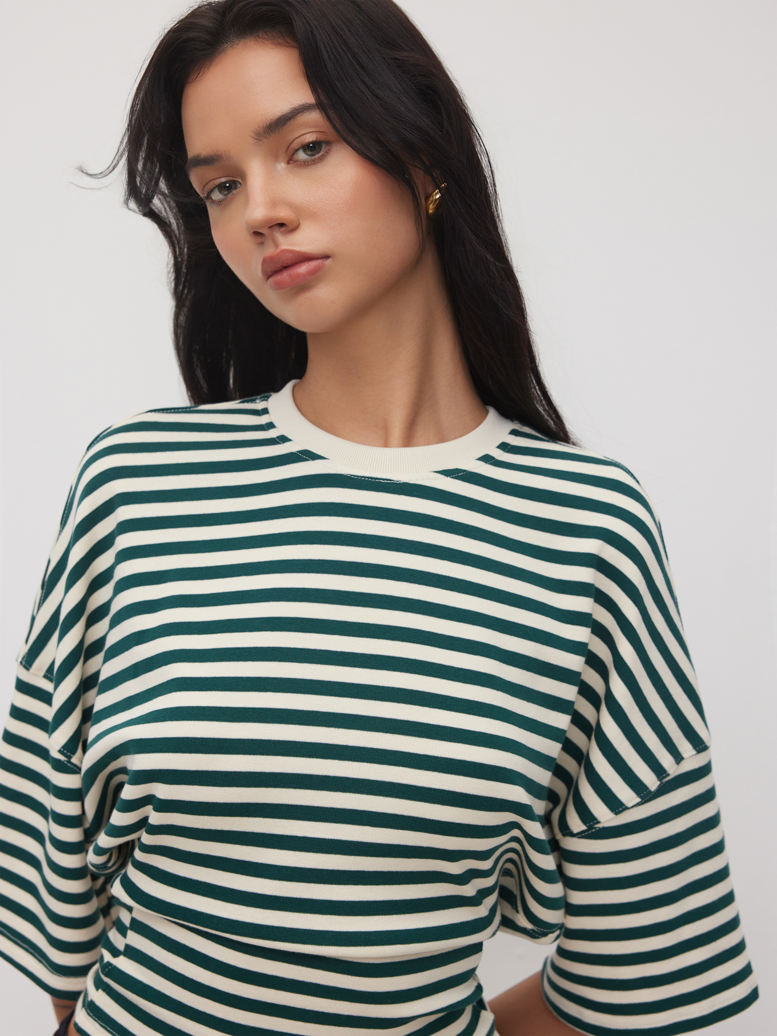 Cotton-blend Stripe Round Neckline Mid-length Sleeve Cinched Waist Tee - Green