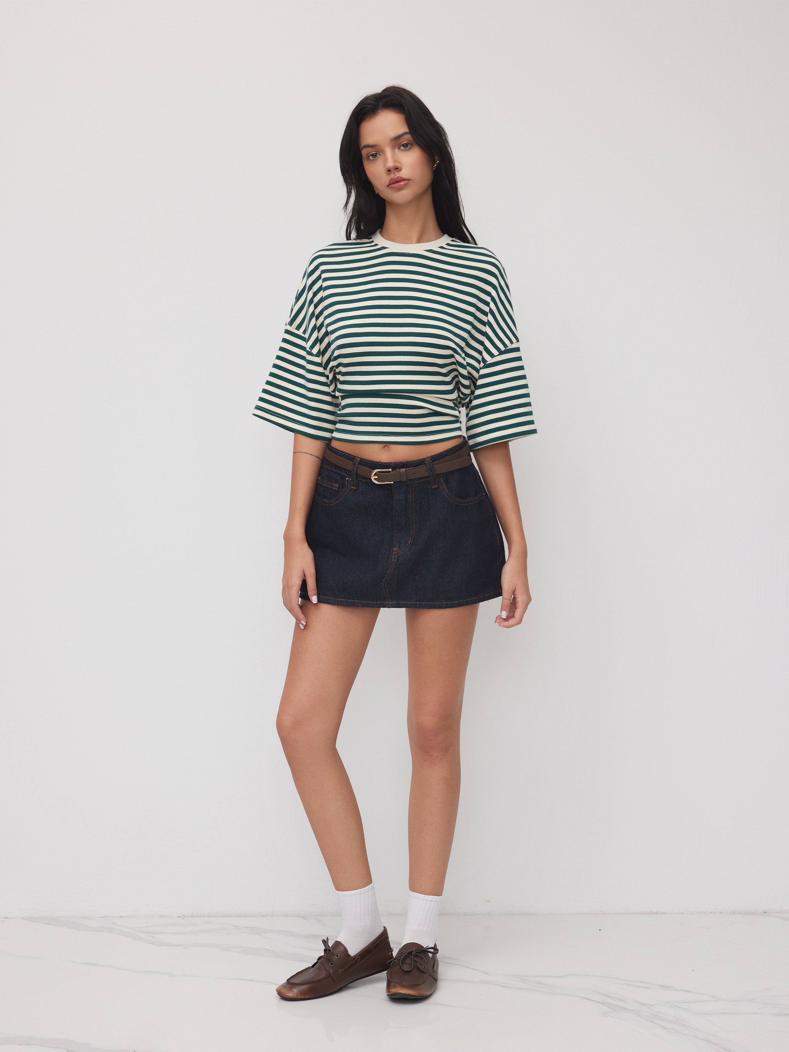 Cotton-blend Stripe Round Neckline Mid-length Sleeve Cinched Waist Tee - Green