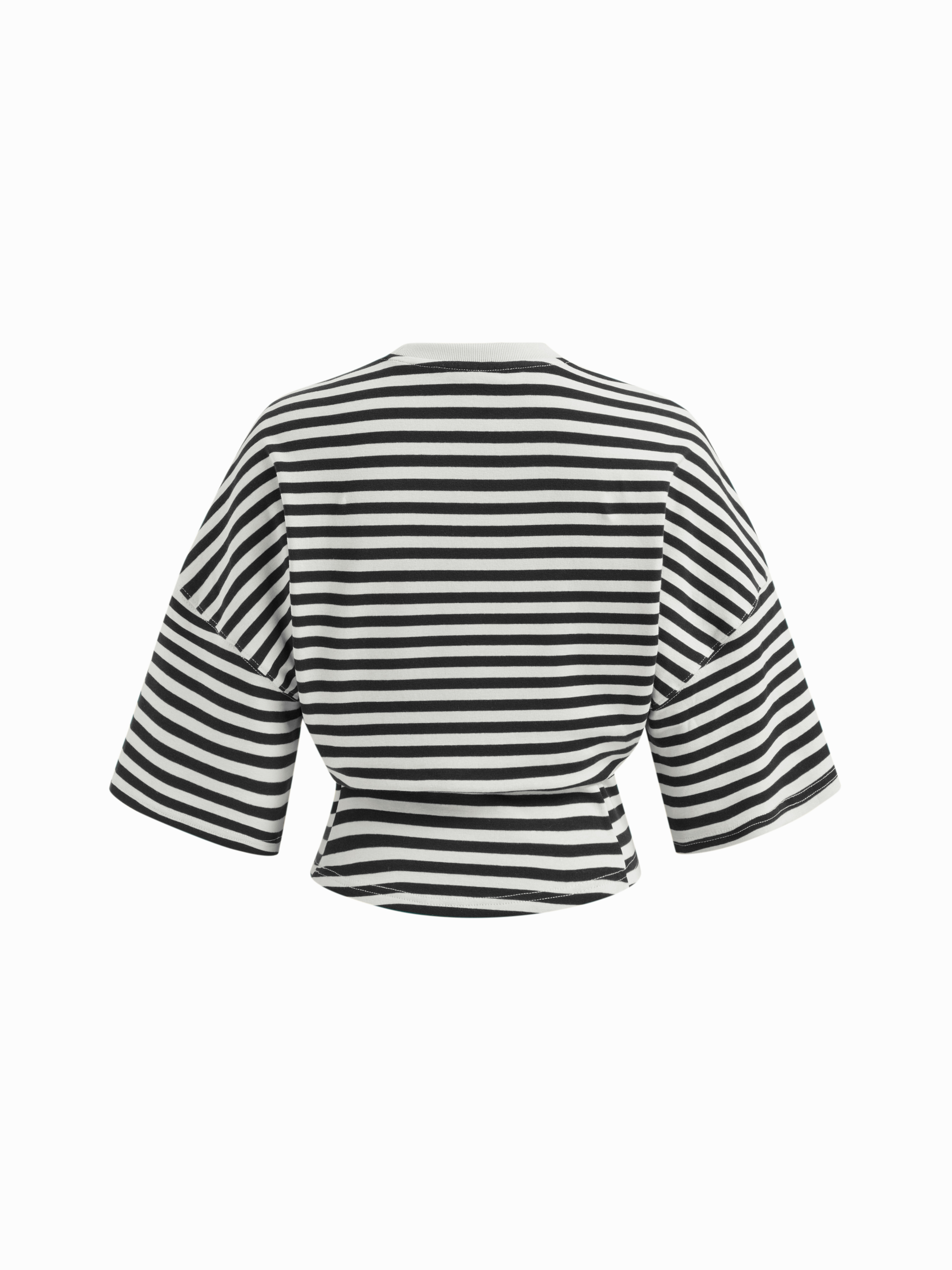 Cotton-blend Stripe Round Neckline Mid-length Sleeve Cinched Waist Tee - Black & White