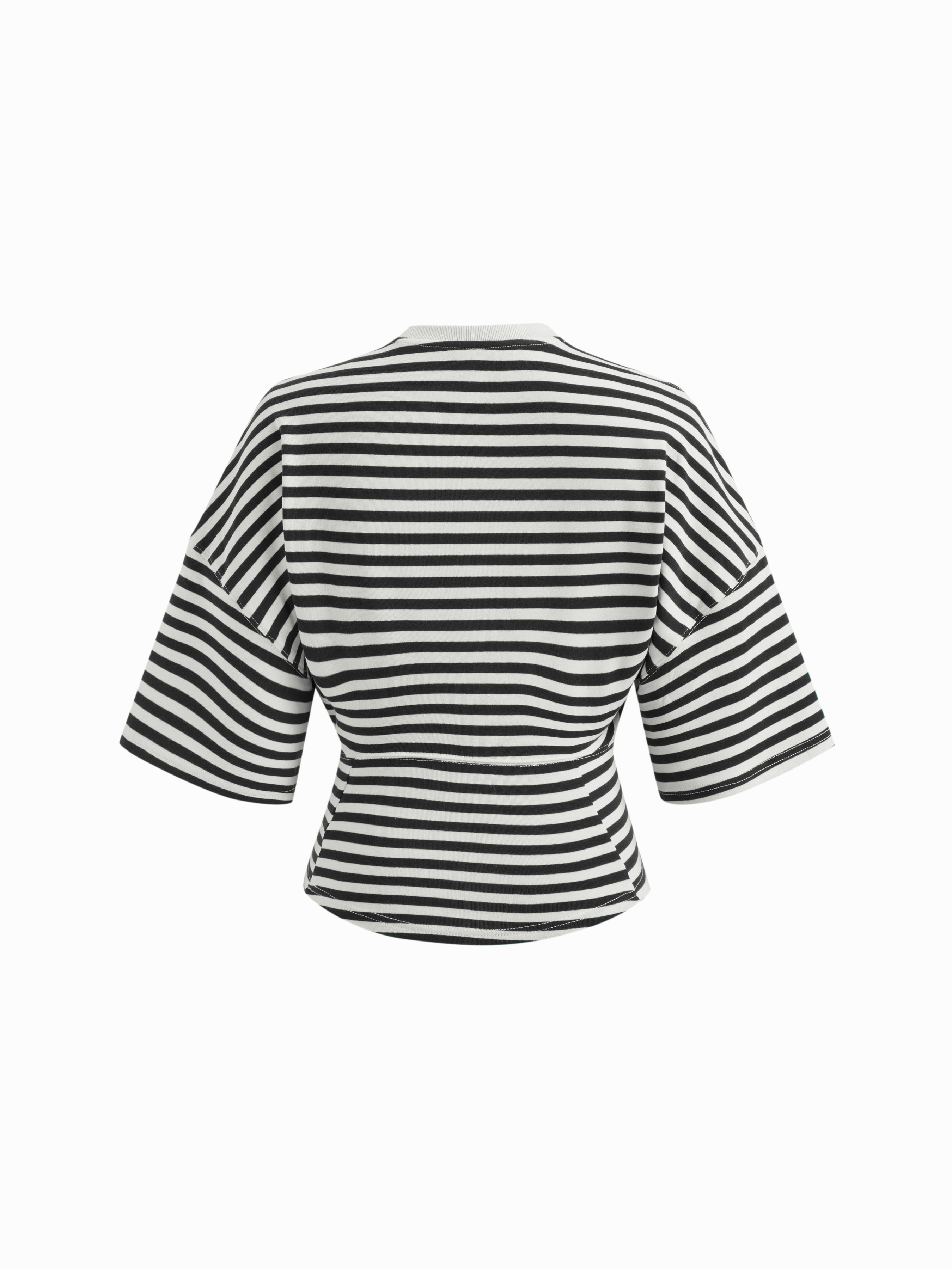 Cotton-blend Stripe Round Neckline Mid-length Sleeve Cinched Waist Tee - Black & White