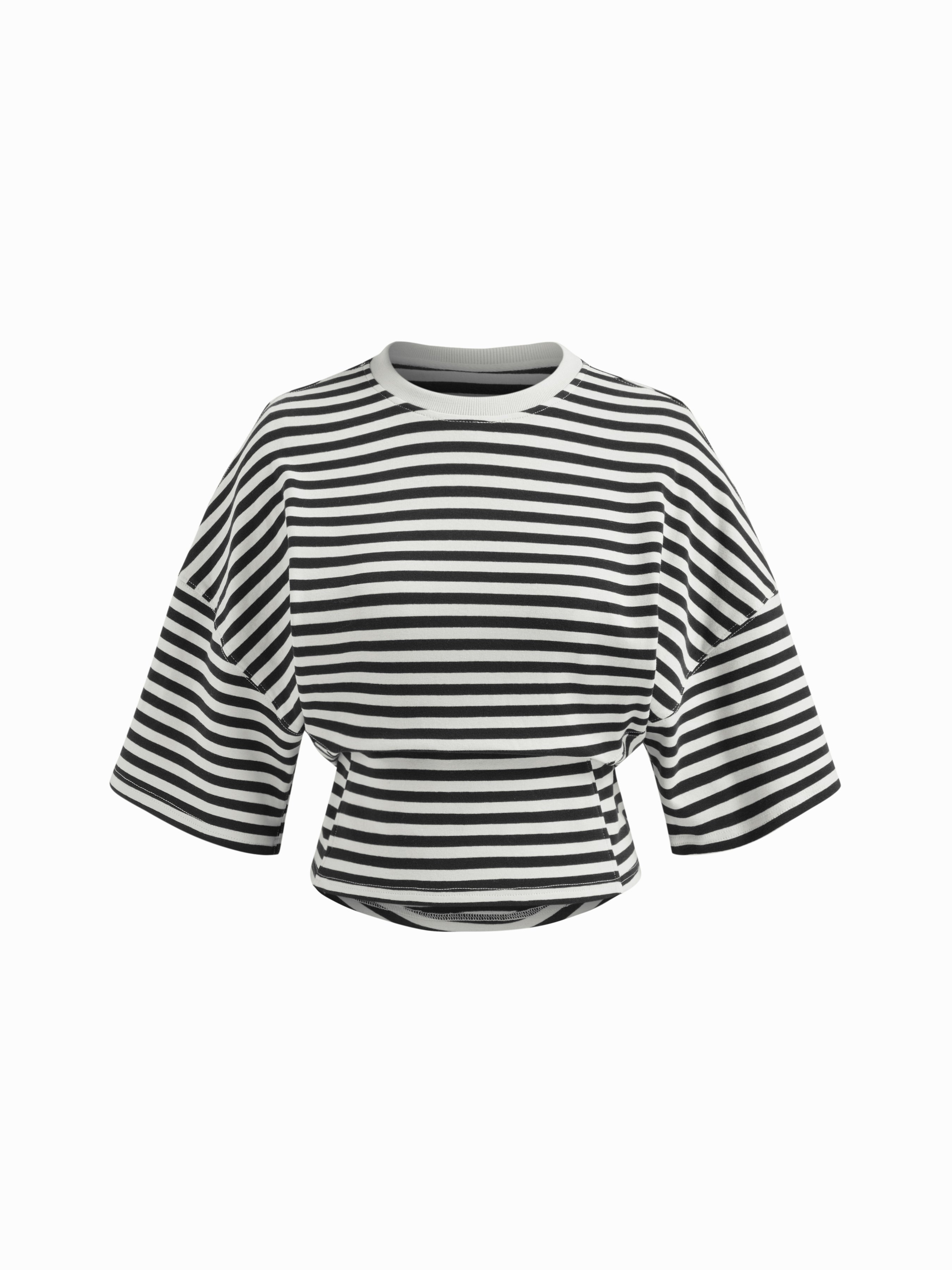 Cotton-blend Stripe Round Neckline Mid-length Sleeve Cinched Waist Tee - Black & White