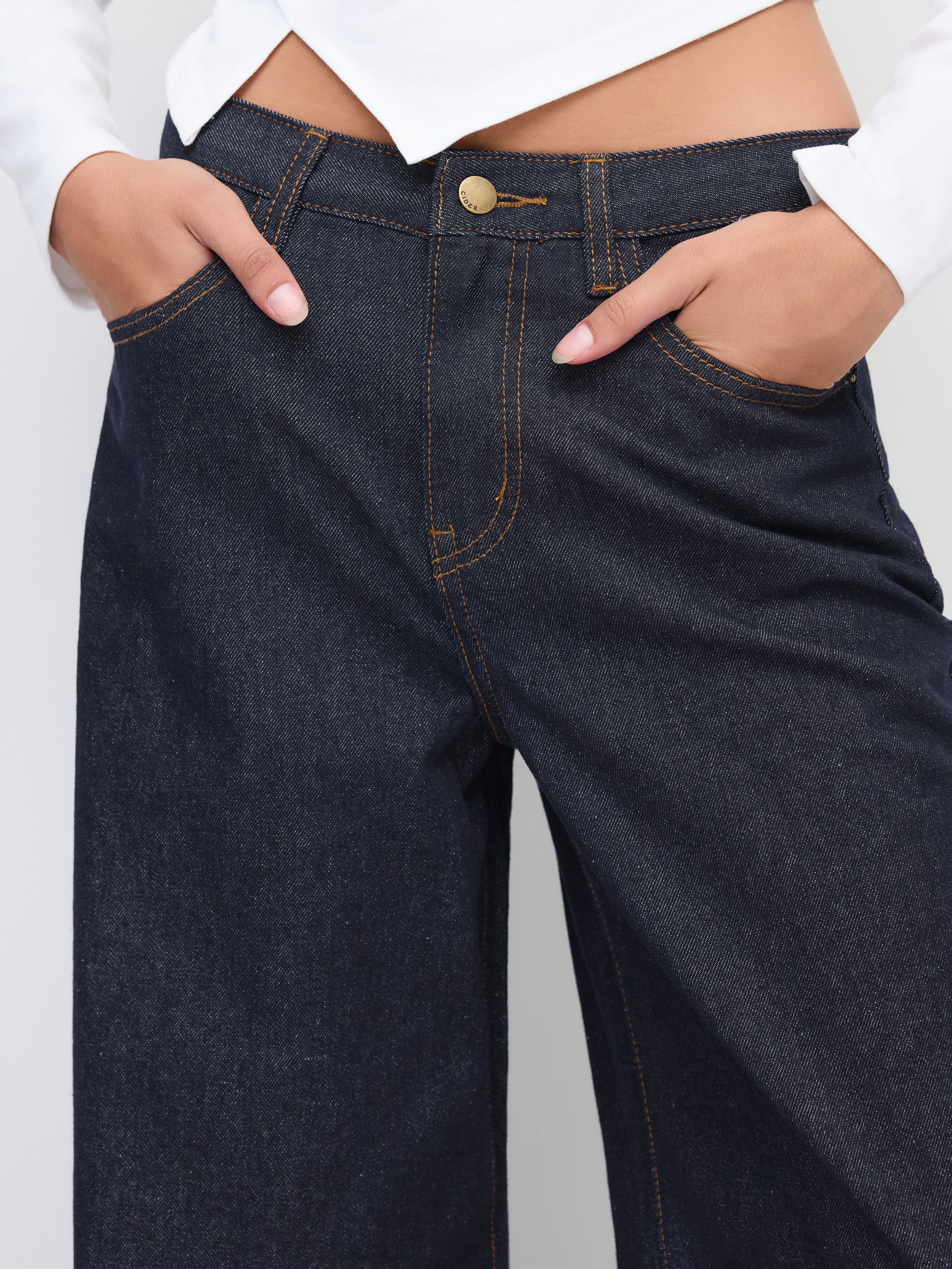 Denim Low-Rise Baggy Trousers - Dark denim