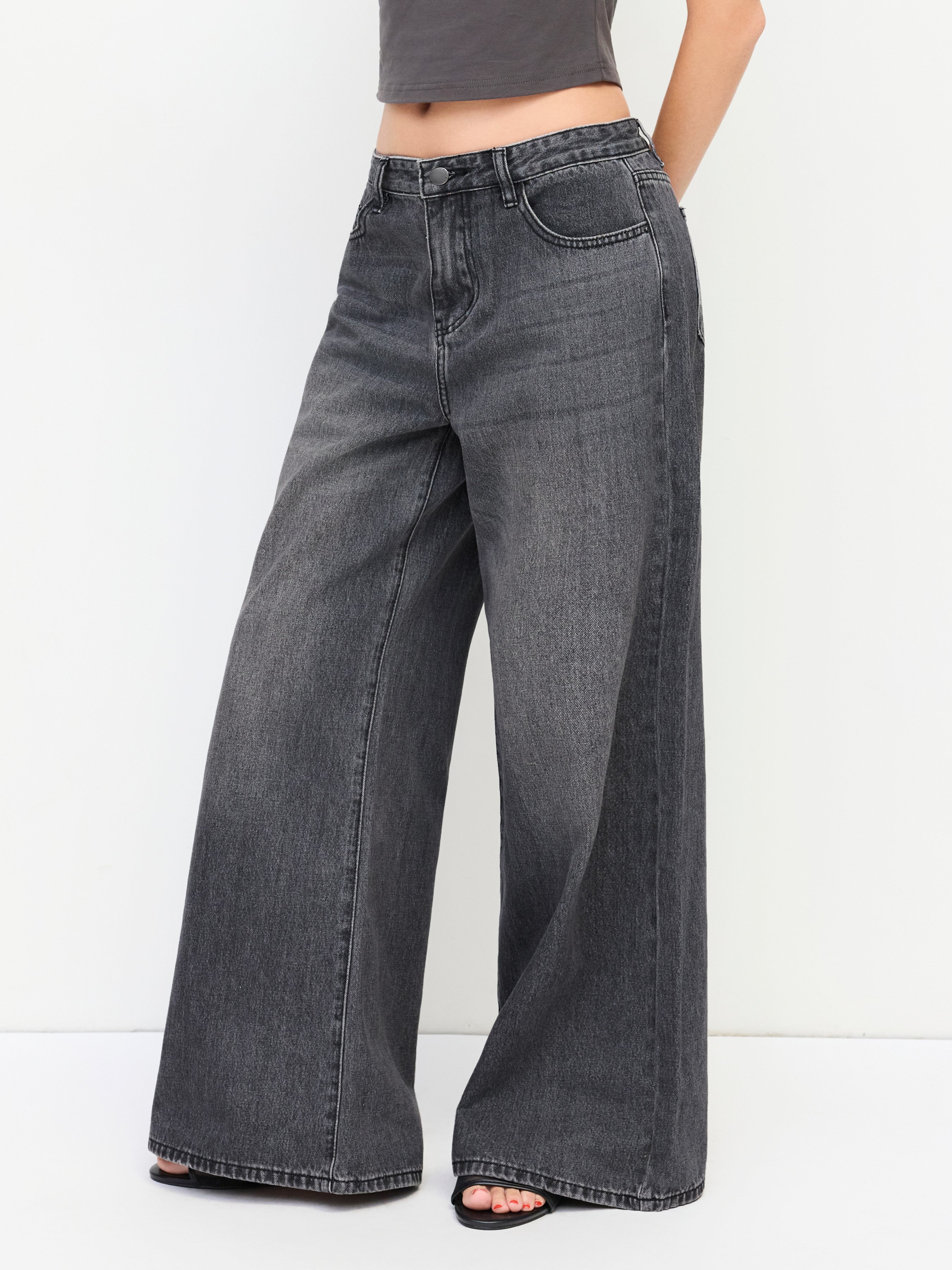 Denim Low-Rise Baggy Trousers - Grey